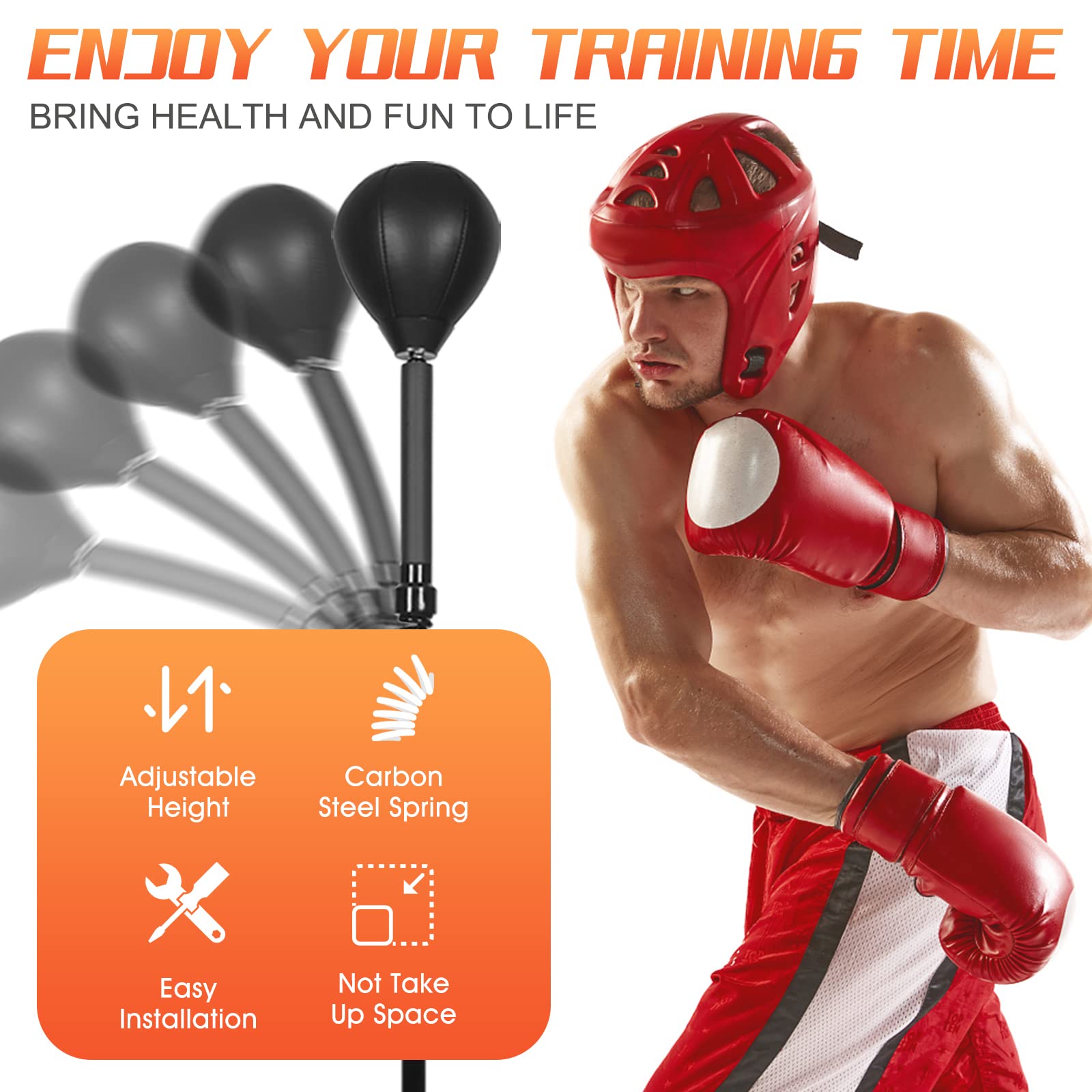 Adjustable Height Free Standing Reflex Boxing Bag with Thick Base & Reinforced Spring - Heavy Duty Speed Bag for Stress Relief, Boxing Training & Home Gym Fitness Workouts