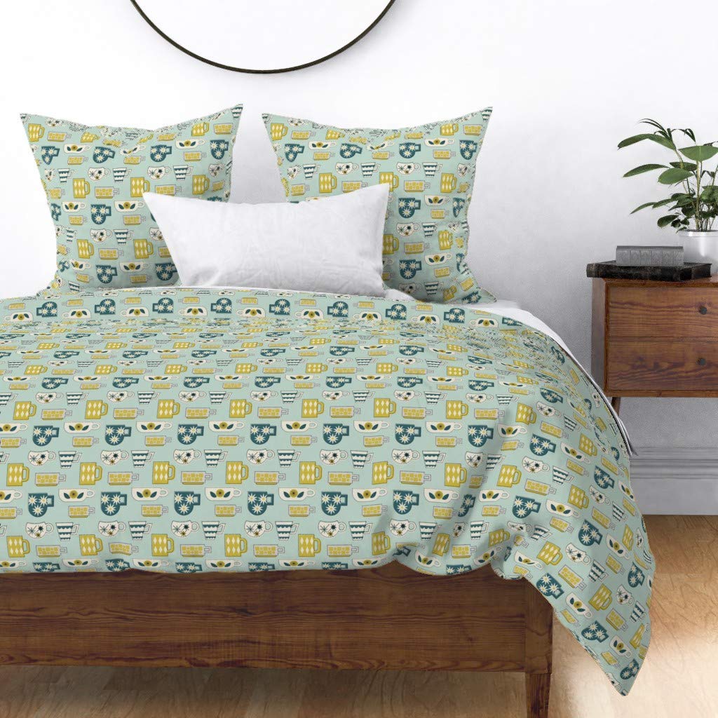 Retro Coffee Mug Print Cotton Sateen Duvet Cover Twin Size - Vintage Kitchen Design Mid Century Modern Style Custom Bedding for Cozy Bedroom Decor