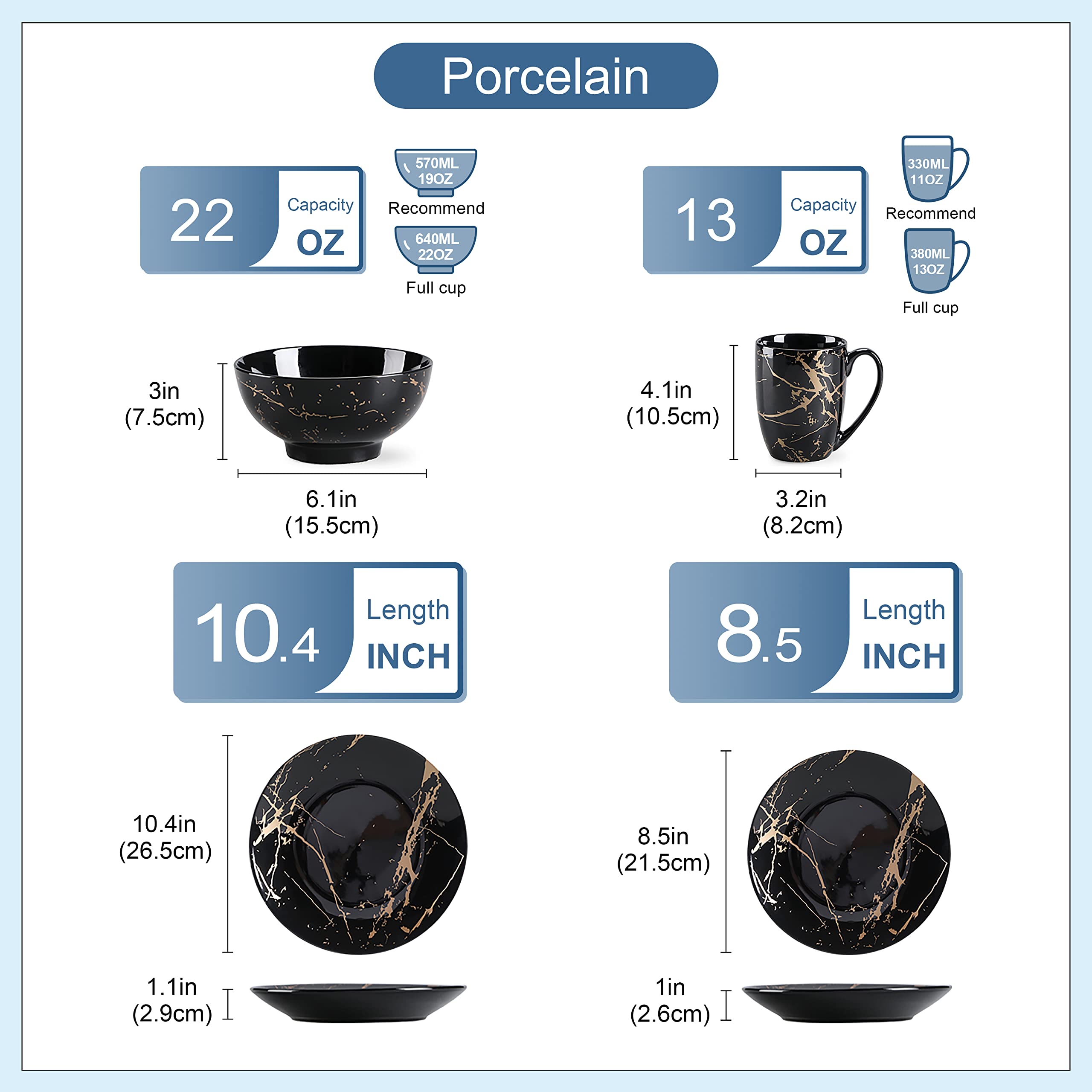 16-Piece Black and Gold Porcelain Dinnerware Set for 4 - Round Plates, Bowls & Mugs - Dishwasher & Microwave Safe - Elegant Table Setting for Family Dinners, Parties & Restaurant Use - by LOVECASA
