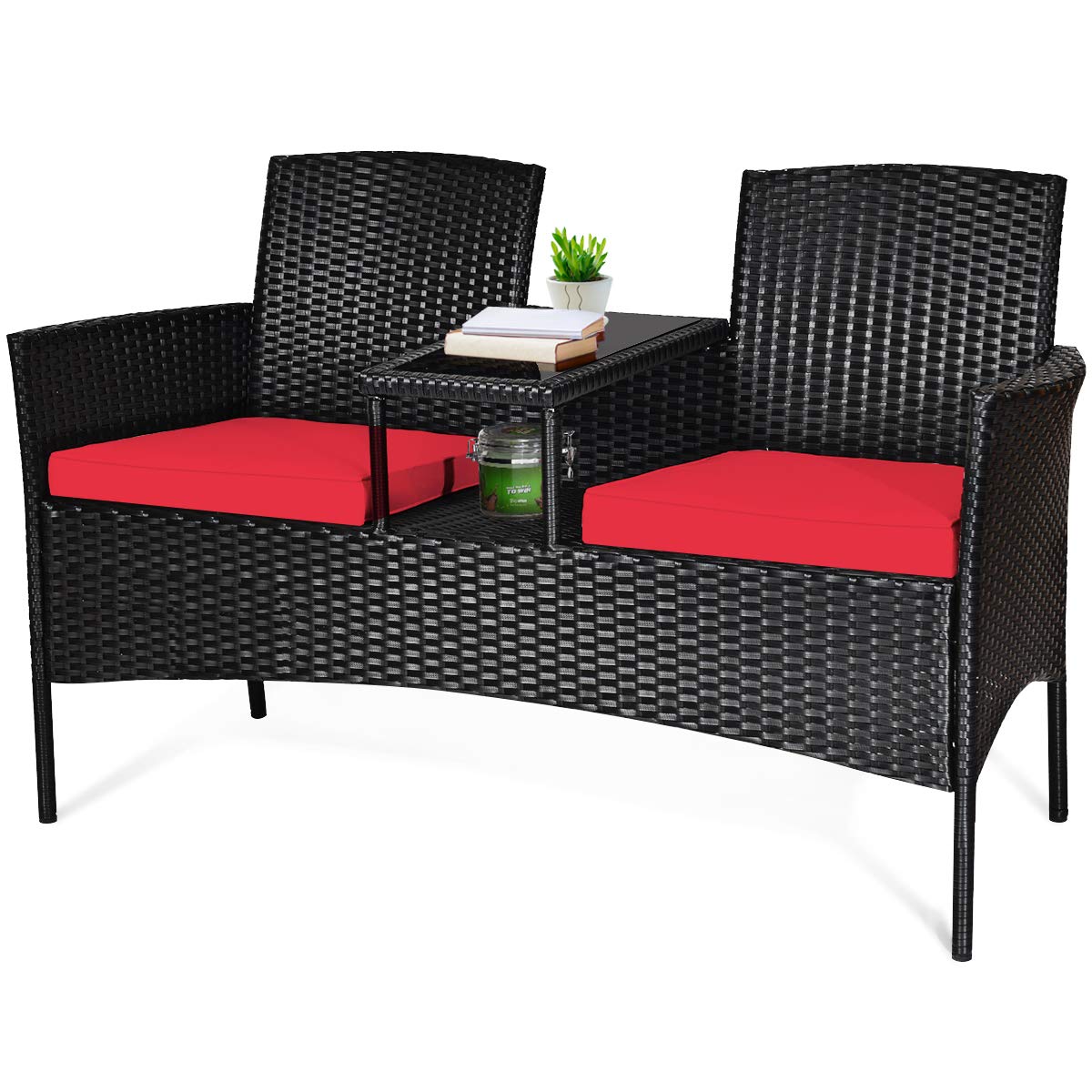 Tangkula 3-Piece Wicker Patio Conversation Set with Removable Cushions & Tempered Glass Table - Modern Rattan Outdoor Furniture for Garden, Lawn, Backyard - Perfect for Relaxing, Entertaining & Outdoor Dining
