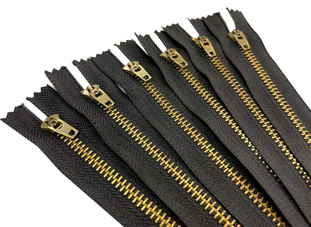 AMORNPHAN 6-Pack Heavy Duty 5 Inch Metal Zippers - #5 Black Tape with Antique Brass Teeth & Spring Lock Slider for Jeans, Denim Pockets, Clothing & Sewing Crafts (5