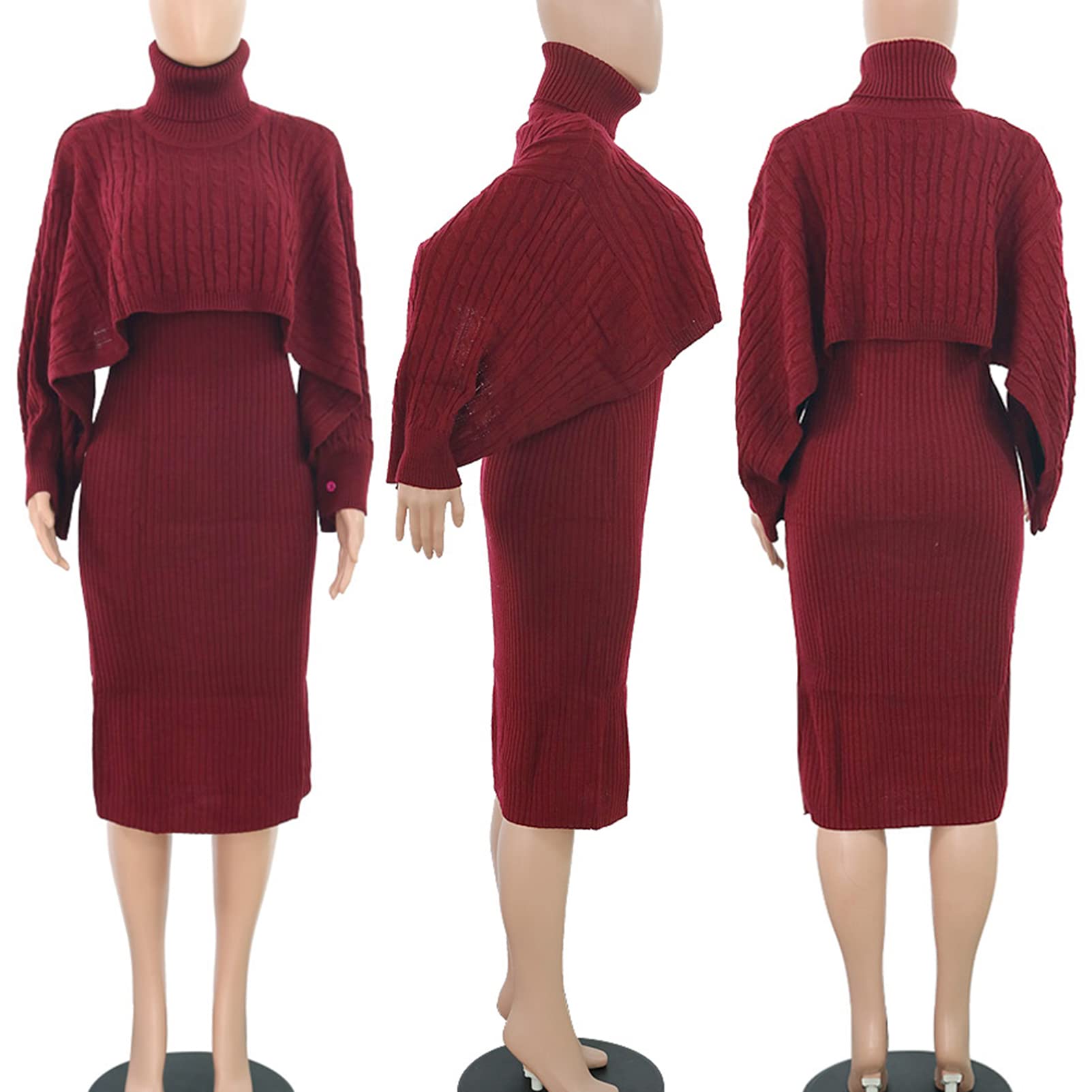 Women's 2 Piece Outfit Set - Knitted Long Sleeve Turtleneck Sweater & Bodycon Midi Dress | Winter Fashion, Casual Wear, Office Outfit, Date Night & Holiday Party Outfits