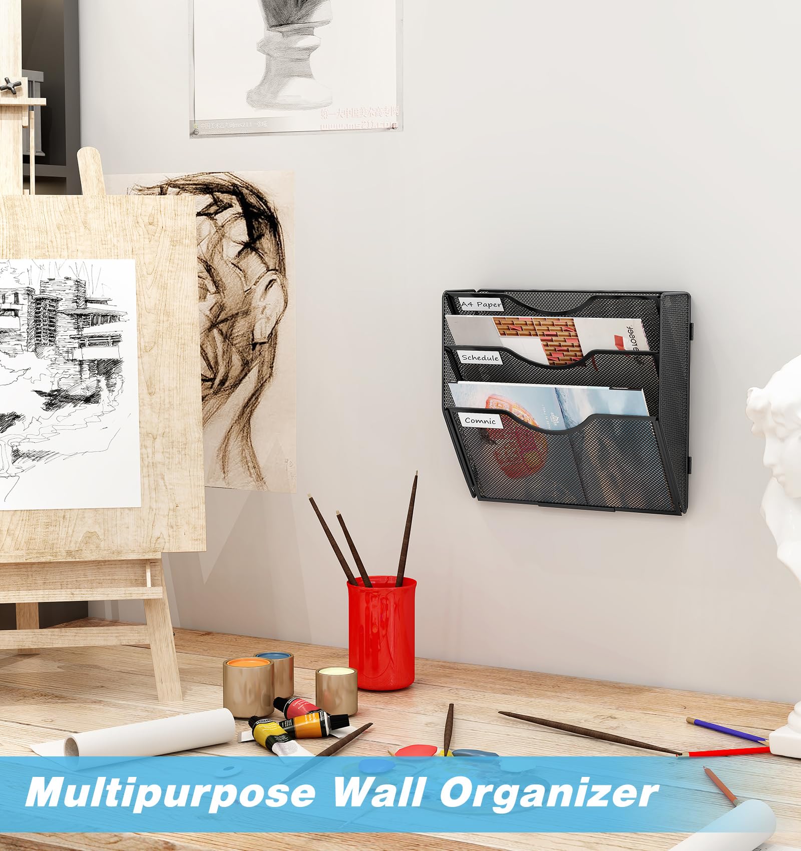 3-Tier Wall Mounted File Organizer - Black Hanging Document Holder for Papers, Magazines & Office Supplies | Perfect for Home Office, Classroom & Workspace Organization