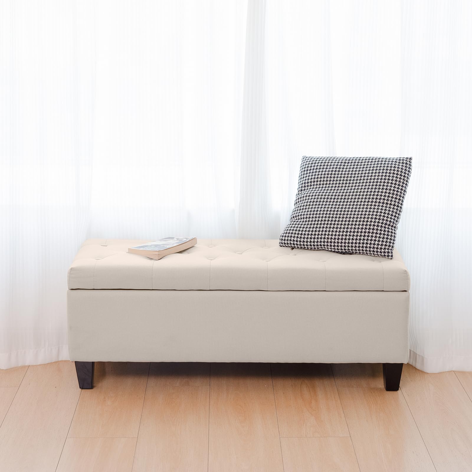 Redlife Storage Ottoman Bench with Solid Wood Legs & Safety Hinge - 330 LBS Capacity, Button Tufted Fabric Upholstered Chest - Multi-Functional Footrest, Seat & Hidden Storage for Bedroom, Living Room, Entryway (Beige) | Perfect for Small Space Organization & Extra Seating