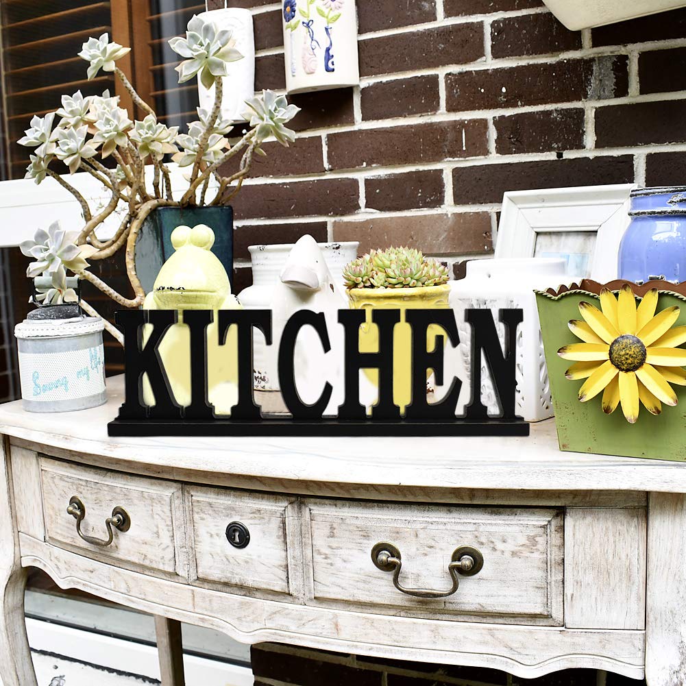Linfevisi Black Wood Kitchen Sign - Rustic Freestanding Wooden Block Letters for Home Decor | Perfect for Farmhouse Kitchen, Dining Table Centerpiece, Shelf Display & Wall Art Decoration