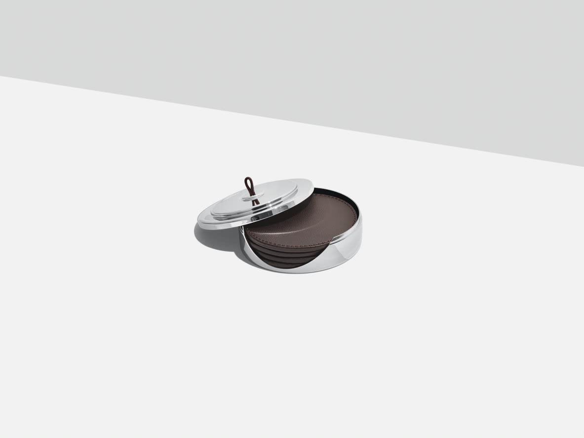 Georg Jensen Manhattan Collection Coaster Set - 4 Premium Leather Drink Coasters with Stainless Steel Case | Elegant Home Bar & Dining Table Accessories for Wine, Cocktail & Coffee Protection