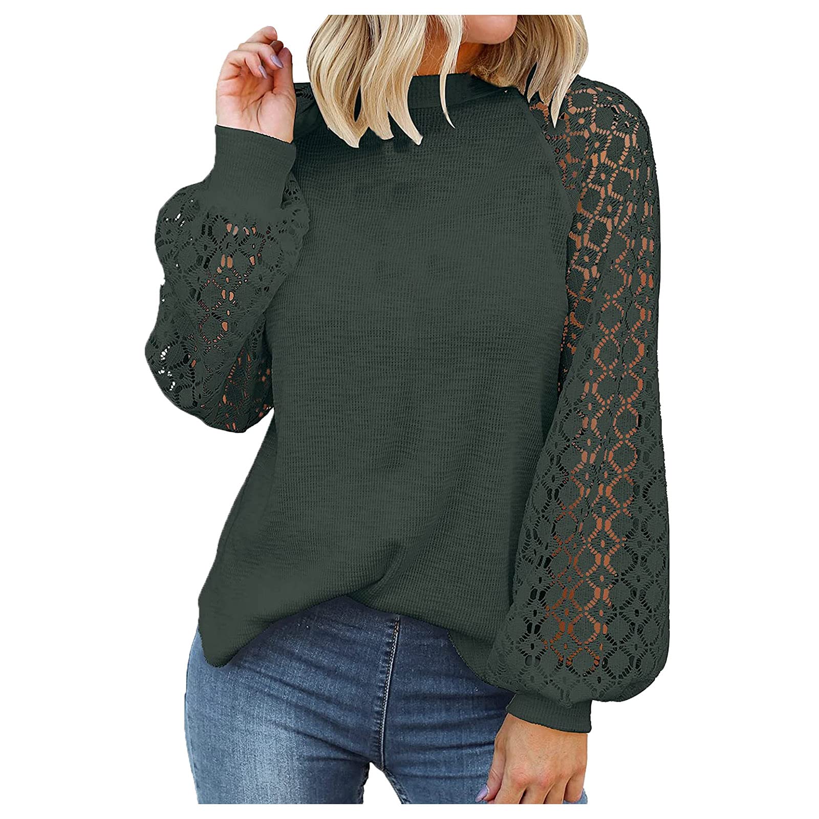 Women's White Lace Crop Top Sweater - Long Sleeve O-Neck Loose Knit Shirt for Fall & Winter | Casual Outfits, Layering, Date Nights, Office Wear