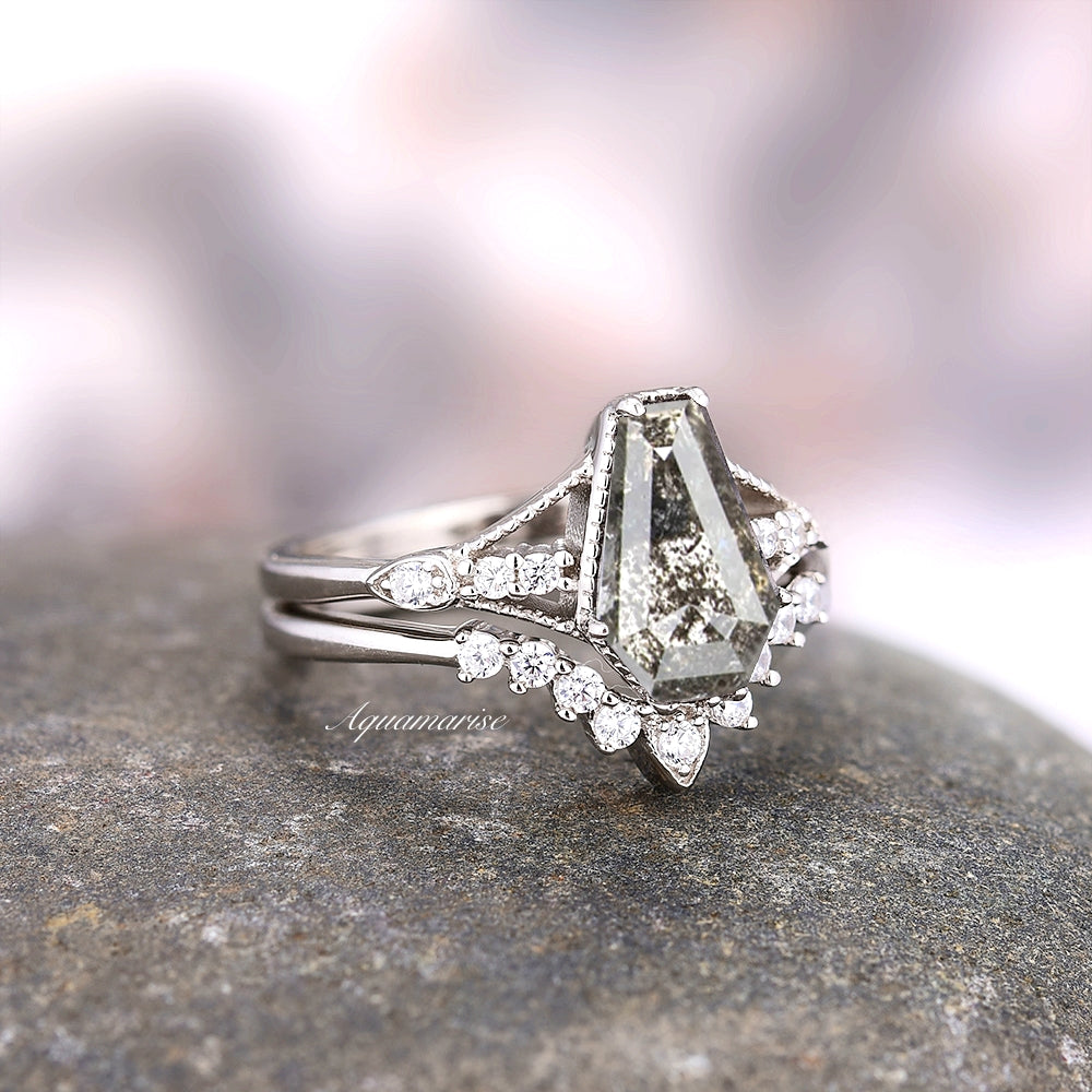 14K White Gold Coffin Cut Salt and Pepper Diamond Ring Set - Herkimer Diamond Engagement & Wedding Band - Perfect for Unique Bridal Jewelry & Anniversary Gifts