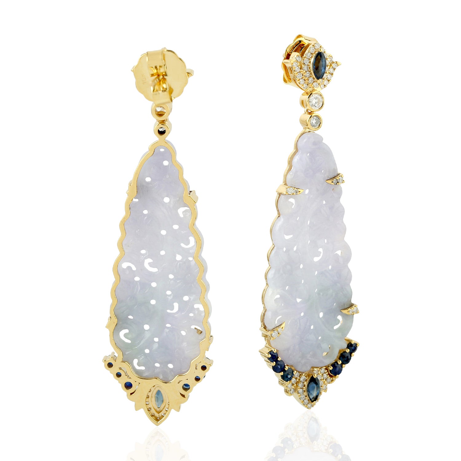 18K Yellow Gold Lotus Dangle Earrings with Carved Jade, Blue Sapphire & Pave Diamonds – Elegant Jewelry for Weddings, Parties & Special Occasions