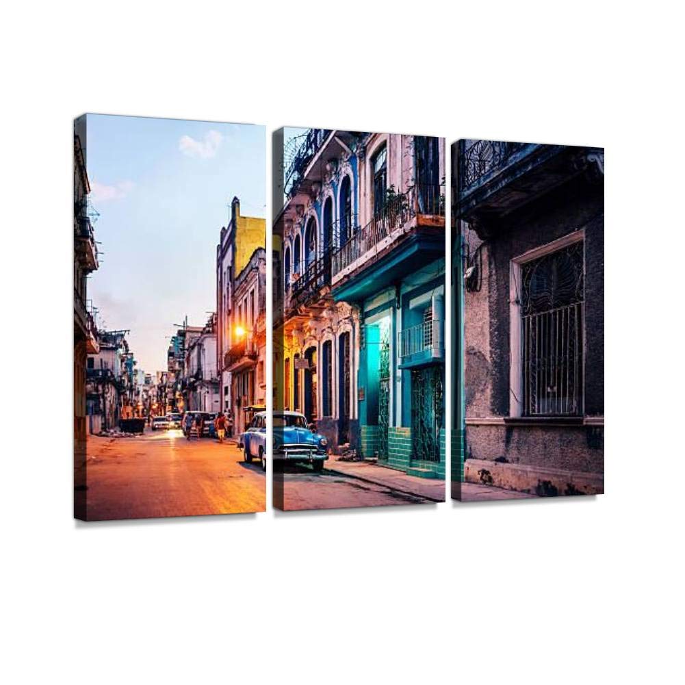 Vintage Old American Car on Havana Street at Dusk - Cuba Iconic Red Building Wall Art | 3-Panel Framed Canvas Print | Abstract Photography Home Decor for Living Room, Office & Bedroom