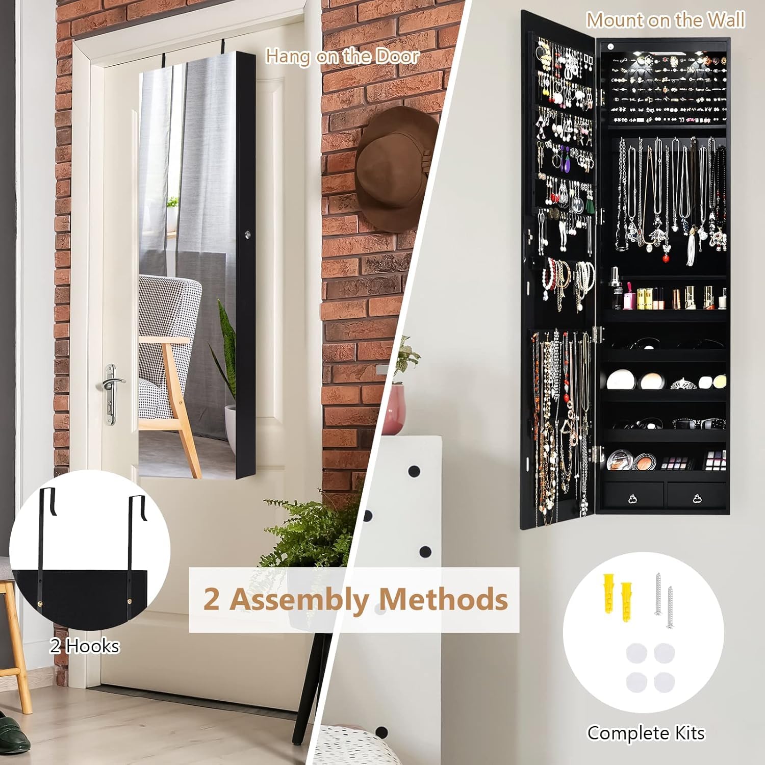Black Jewelry Armoire with LED Lights & Drawers - Bedroom Storage Organizer for Necklaces & Rings