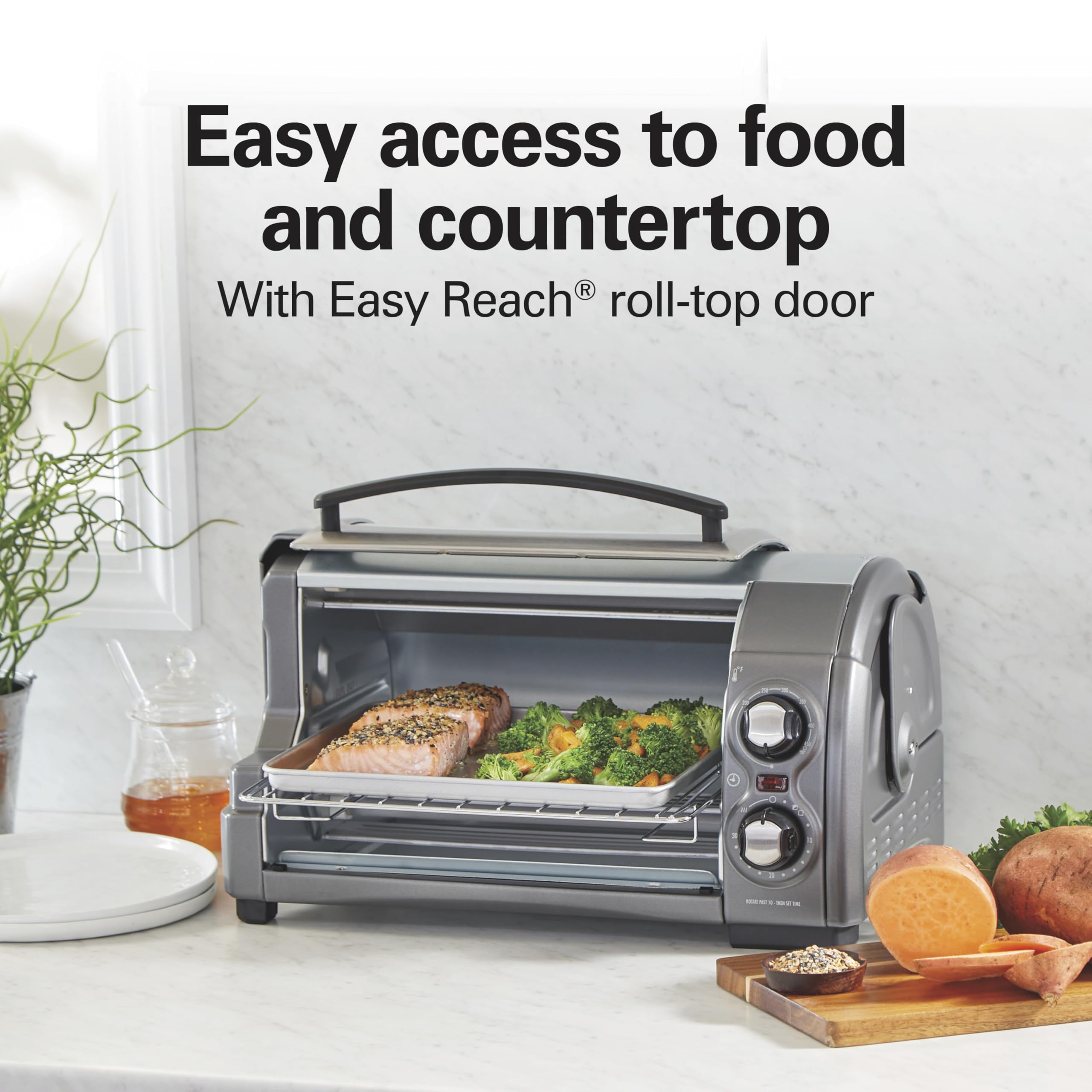 Hamilton Beach 4-Slice Toaster Oven with Roll-Top Door - 1200W Countertop Convection Oven for Baking, Broiling & Toasting - Fits 9