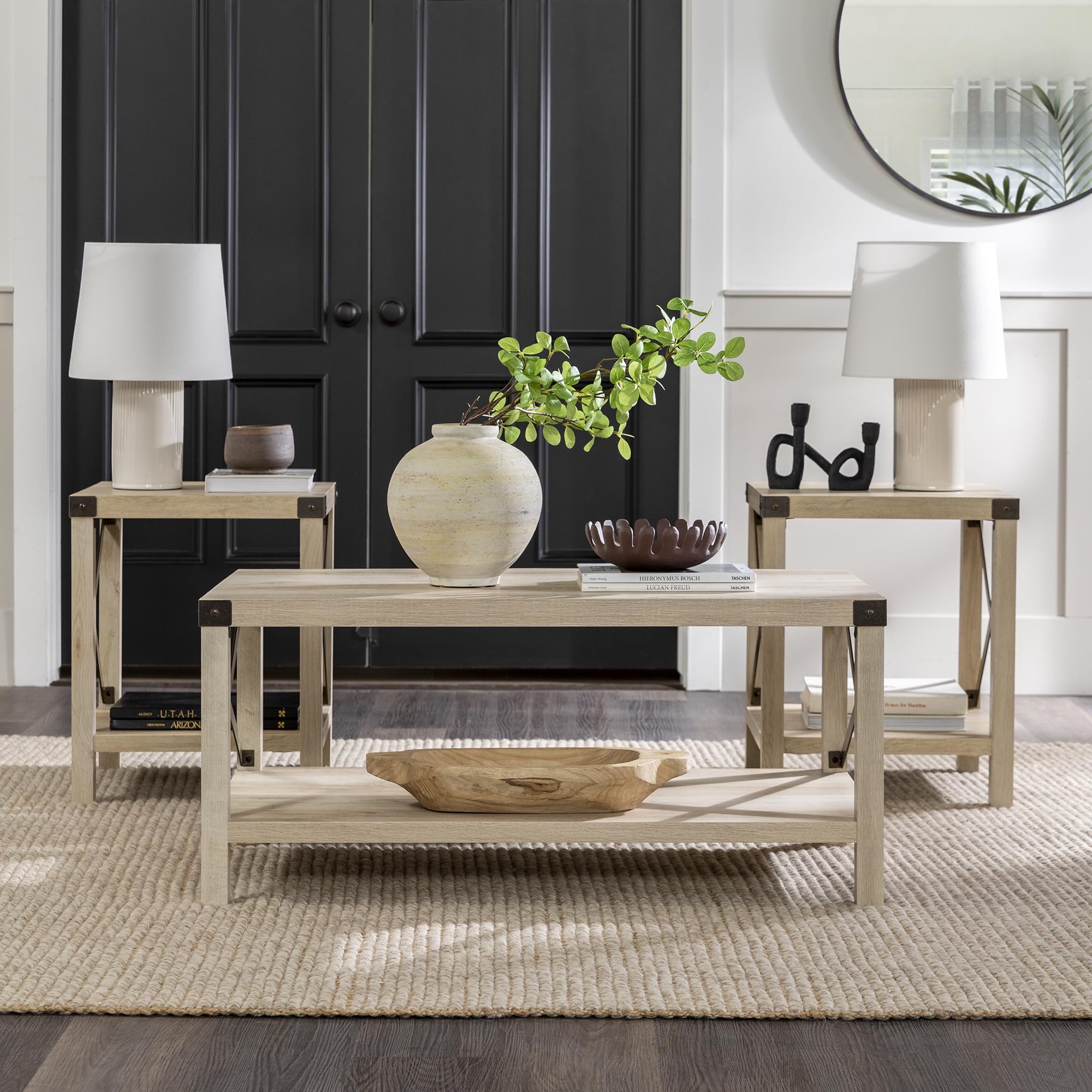Walker Edison Sedalia Modern Farmhouse 3-Piece Metal-X Side and Coffee Table Set - White Oak Finish - Living Room Furniture for Farmhouse, Rustic & Industrial Decor (3-Pack)