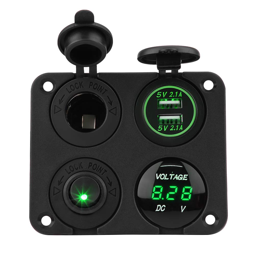 ANGGREK 4 Gang Toggle Switch Panel with Dual USB Charger, Voltmeter & Cigarette Lighter Socket - On/Off Green Switch Panel for Cars, Boats & RVs - Perfect for Automotive, Marine & Off-Road Vehicle Electrical Systems
