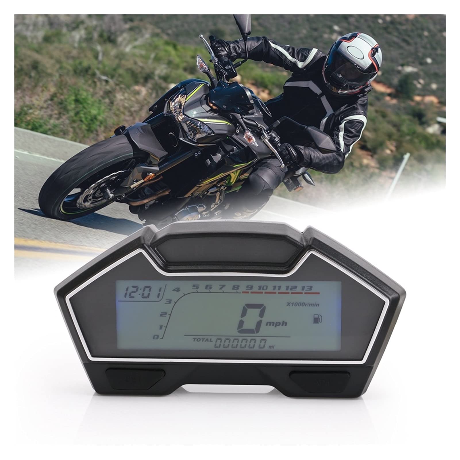 Universal Motorcycle LCD Speedometer Odometer - Racing Fuel Gauge with Oil/Water Temp Display (199 KPH, Army Green) | DIY Installation for Cruiser, Sport Bike & Off-Road Motorcycles