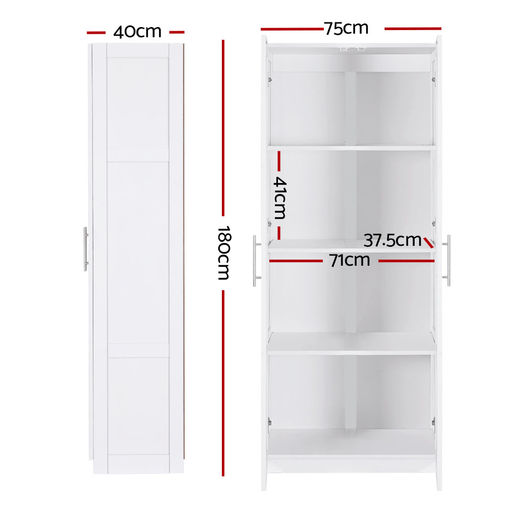 2 Door Wardrobe Closet Storage Cabinet - White Wooden Bedroom Organizer for Clothes, Shoes & Accessories | Perfect for Master Bedroom, Guest Room & Dormitory Organization