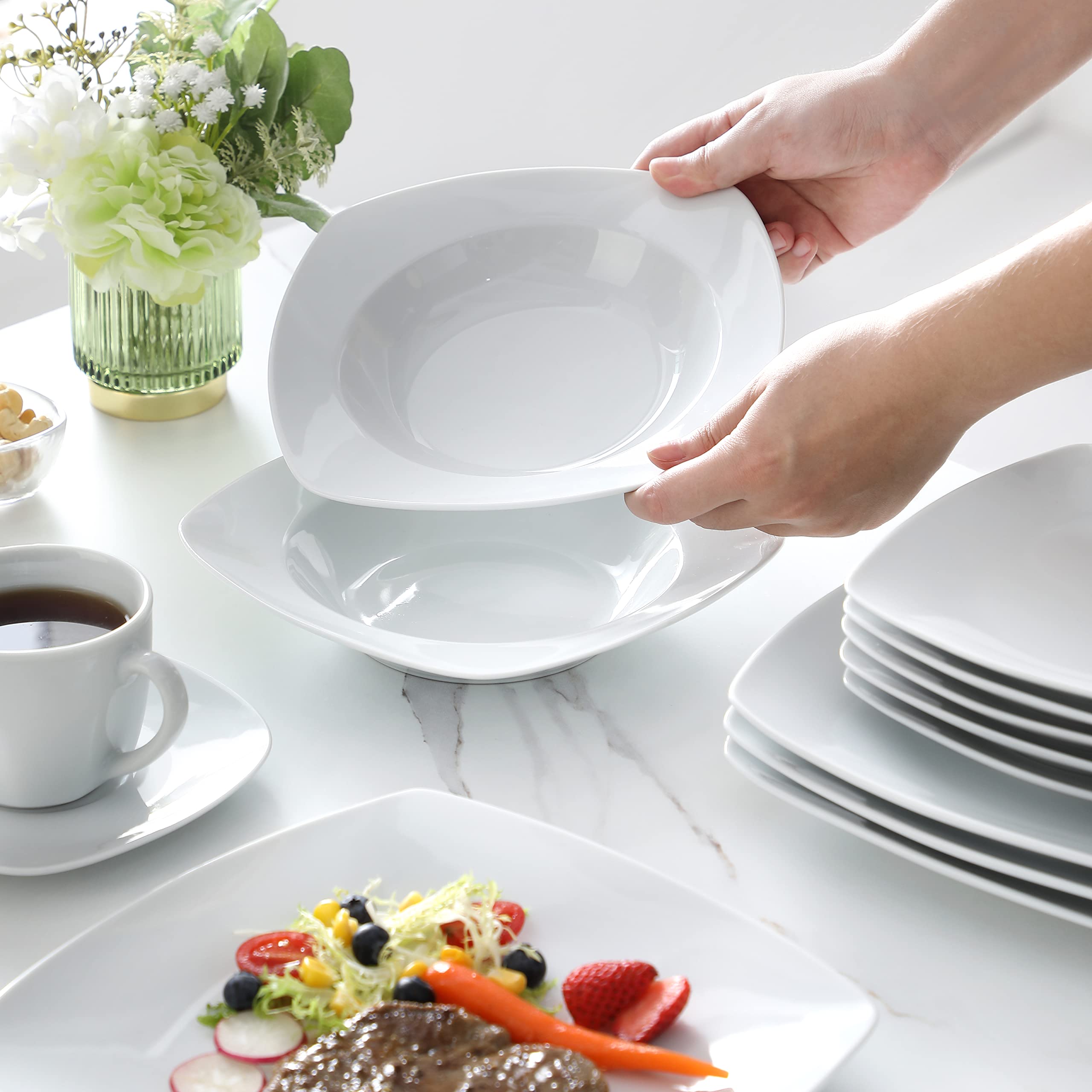 MALACASA 60-Piece Porcelain Dinnerware Set for 12 - Square Plates, Bowls, Cups & Saucers in Modern Gray White | Julia Series | Perfect for Family Dinners, Restaurants & Entertaining Guests