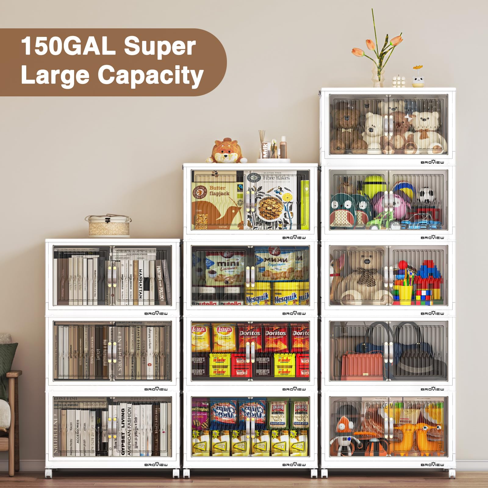 120 Qt Stackable Plastic Storage Bins with Lids & Wheels - Collapsible Closet Organizer, Storage Drawers & Home Organization Cabinet for Clothes (5-Pack, White) - Perfect for Bedroom, Garage & Moving Storage