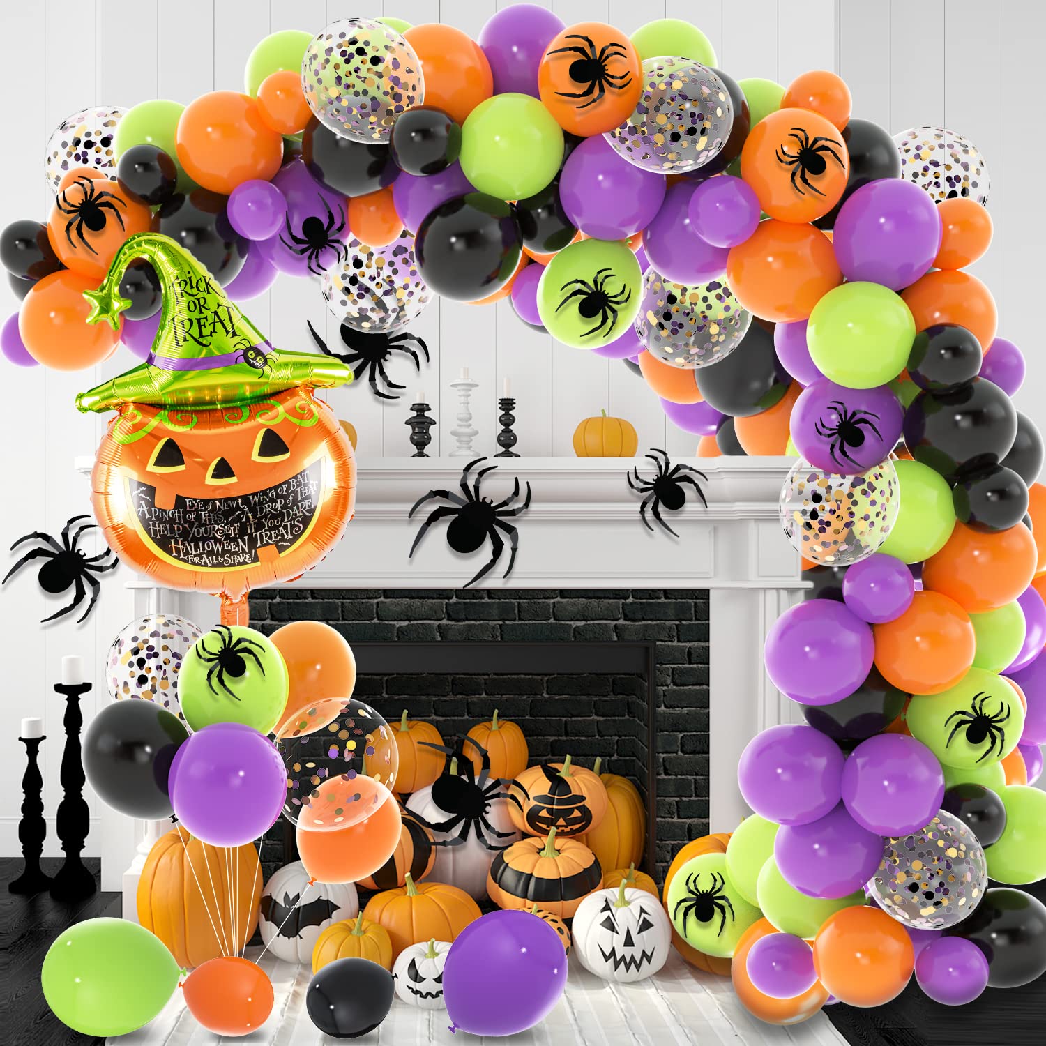 Labeol 136PCS Halloween Balloon Garland Kit - Orange Black Purple Green Confetti Balloons with Pumpkin & Spider Decorations for Halloween Party, Birthday Decor Supplies | Perfect for Home, Yard & Classroom Decorations
