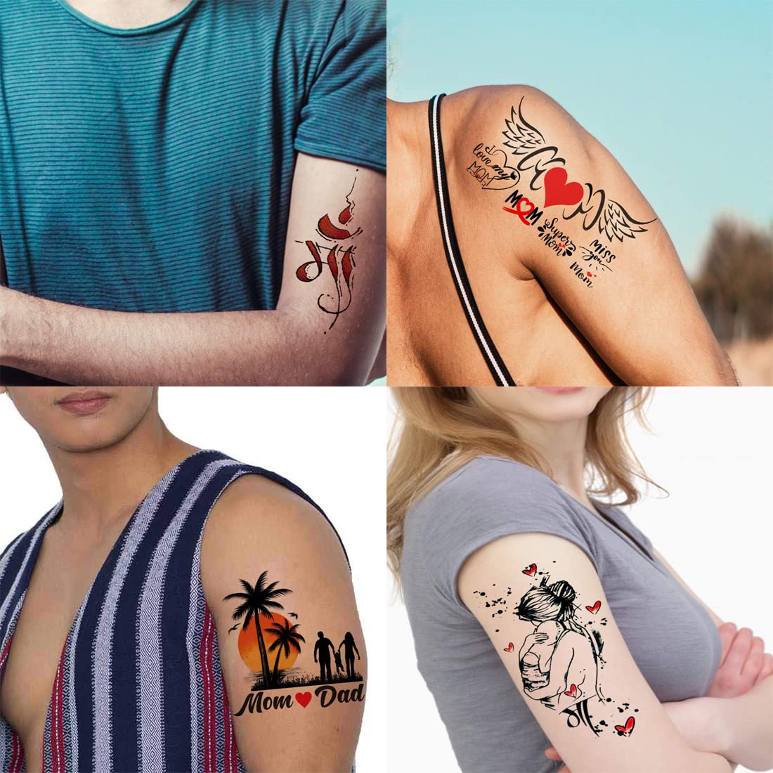 Pack of 4 Temporary Tattoo Stickers - Wing Mom Dad Love Designs for Men & Women (2x4 Inch) | Waterproof Fake Body Art for Parties, Festivals & Special Occasions