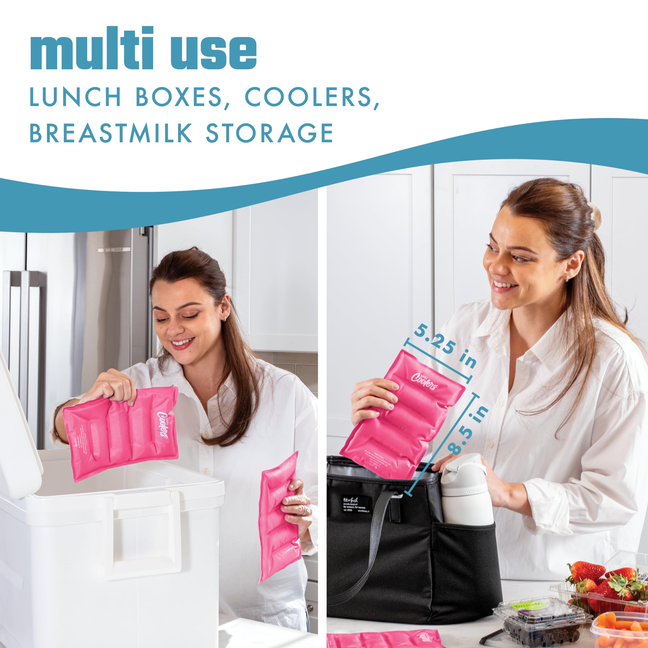 Fit & Fresh 2-Pack Soft Flexible Ice Packs for Coolers & Lunch Boxes - Reusable Freezer Packs with Stretch Nylon Cover (Hot Pink) - Perfect for Picnics, School Lunches & Outdoor Adventures