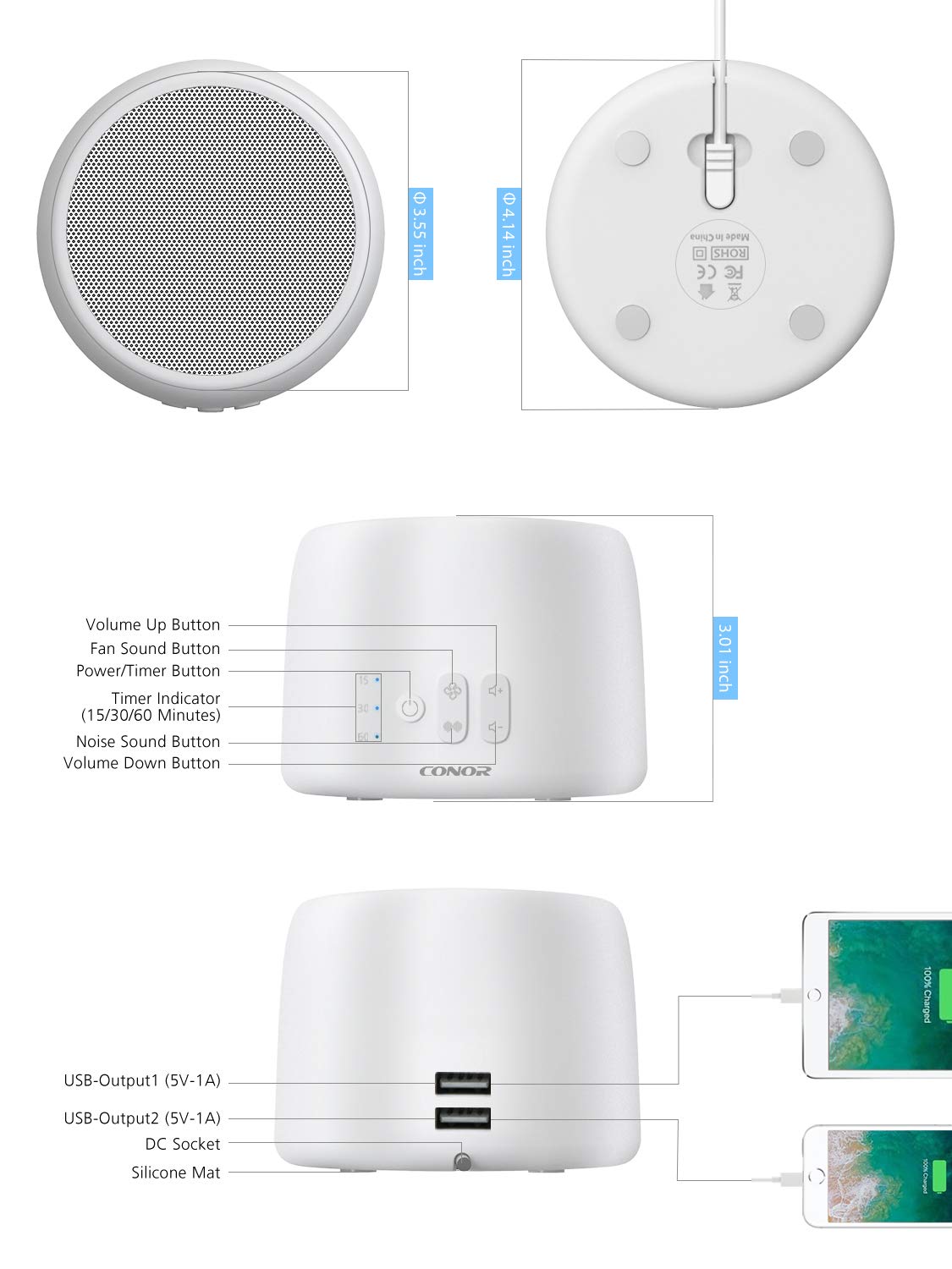 Conor White Noise Machine - 24 High Fidelity Soothing Sounds for Sleep, Babies & Office Privacy | Adjustable Sleep Timer & Dual USB Charging Ports | Perfect for Nursery, Meditation & Work Focus