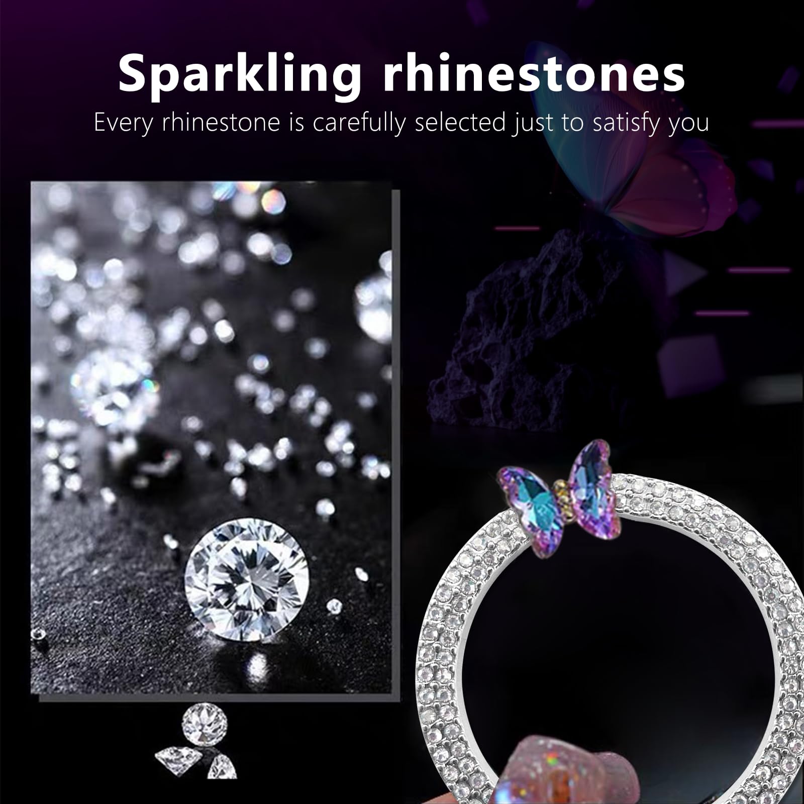 Shiny Crystal Rhinestone Car Bling Ring Emblem - Silver Butterfly Design for Buttons & Knobs | Stylish Car Accessories for Women | Perfect for Steering Wheel & Dashboard Decoration