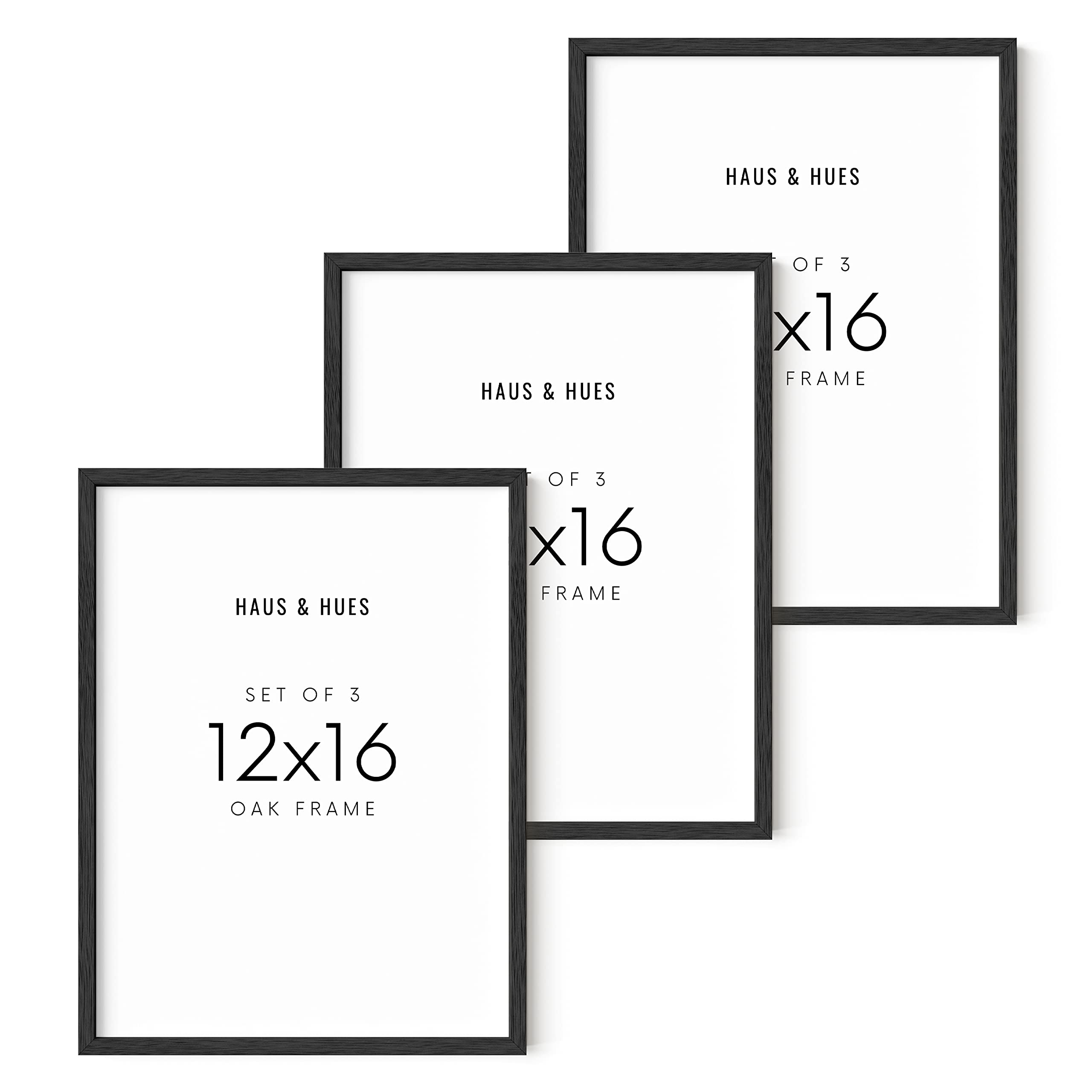 Haus and Hues Set of 3 - 12x16 Inch Black Oak Wood Picture Frames for Wall Art, Posters, Prints & Photos - Perfect for Home, Office & Gallery Decor