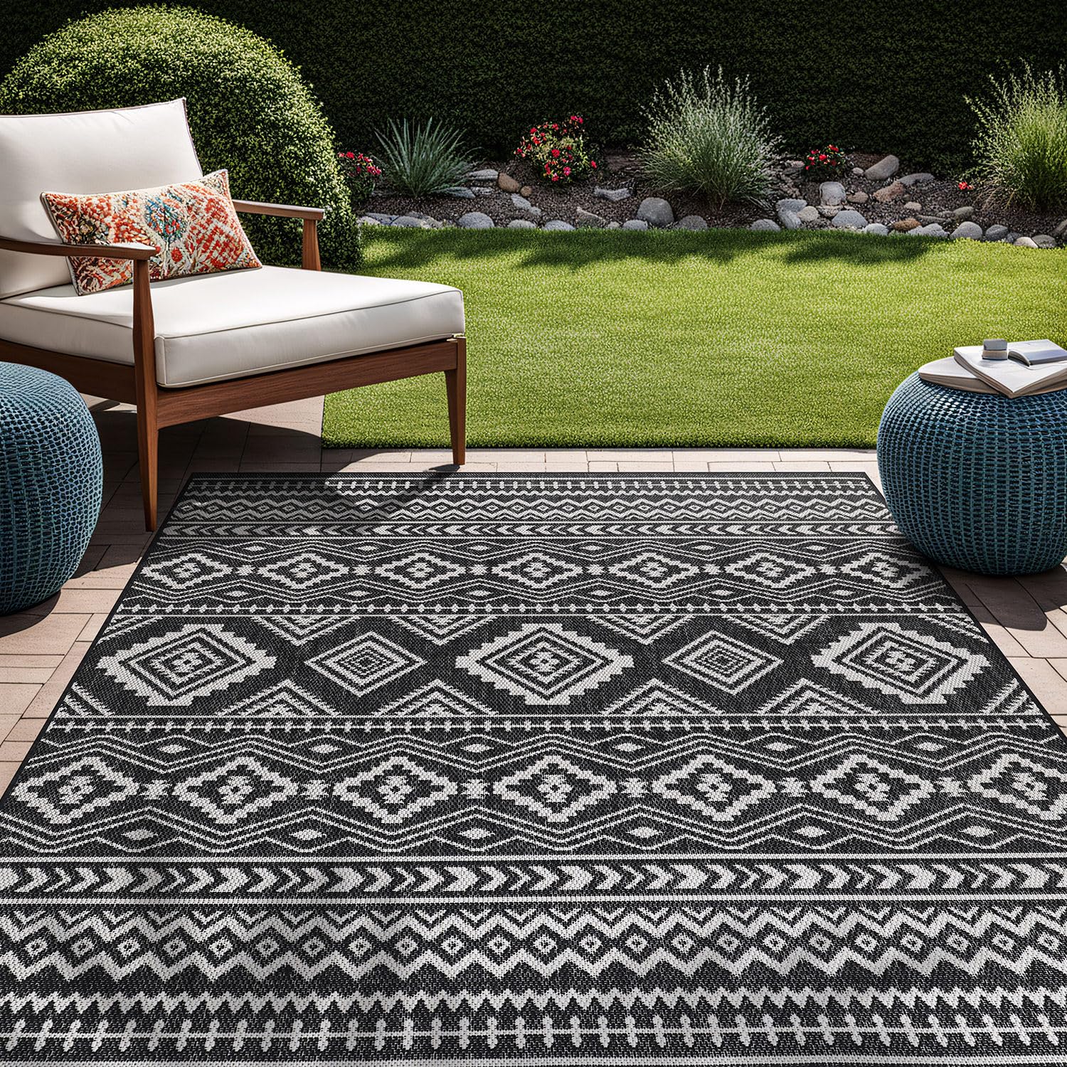Beverly Rug Waikiki Boho Indoor Outdoor Rug 8x10 - Washable Bohemian Area Rug for Patio, Deck, Porch | Aztec Tribal Pattern Black and White Farmhouse Rugs - Perfect for Beach Houses, Living Rooms & Garden Decor