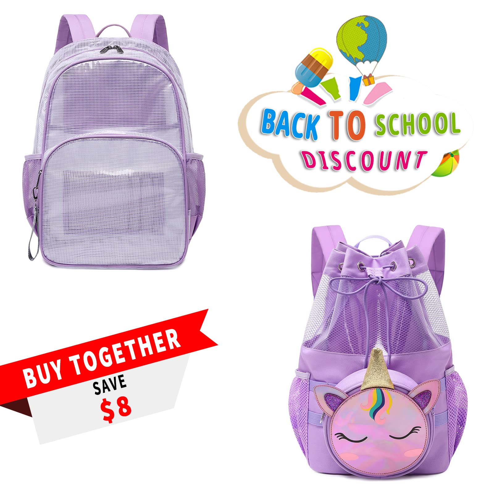 Mygreen Clear Transparent PVC School Backpack with 2-in-1 Unicorn Drawstring Bag - Cute Purple Unicorn Backpack for Girls, Teens | Waterproof Lightweight Bookbag for School, College, Travel & Gym