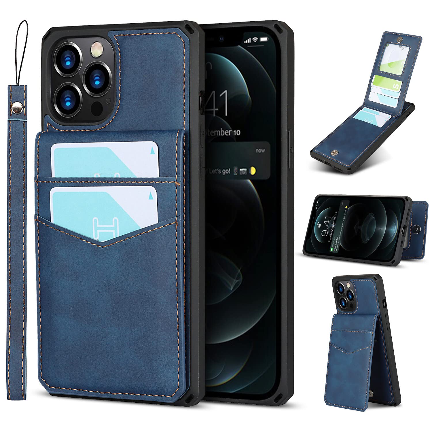 Premium PU Leather iPhone 12/12 Pro Wallet Case with Card Holder & Kickstand - Shockproof Protective Cover with Wrist Strap for Men & Women (Blue) - Perfect for Everyday Use, Travel & Hands-Free Convenience