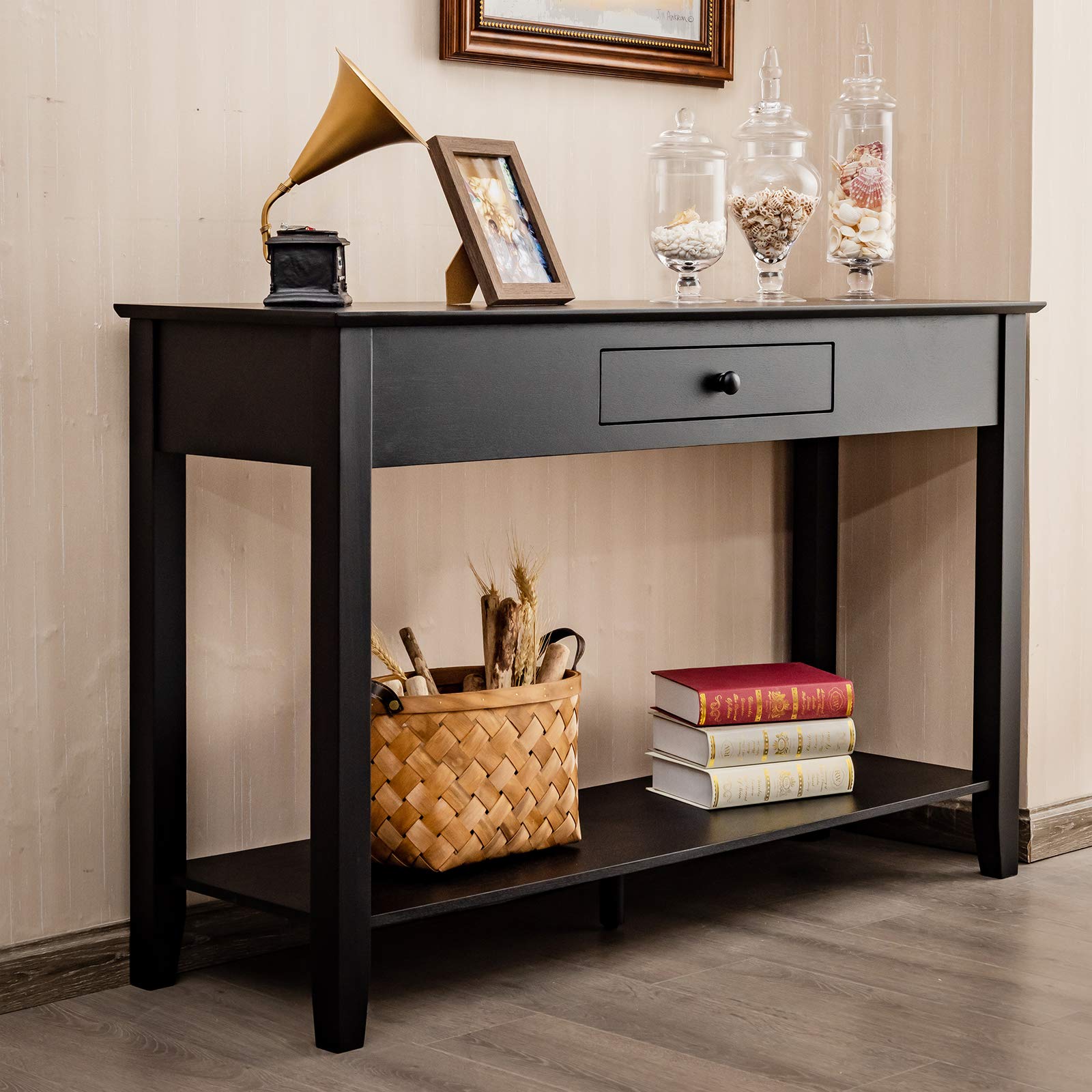 Giantex 2-Tier Wooden Console Table with Drawer & Storage Shelf - Entryway Sofa Table for Hallway, Living Room, Bedroom - Multifunctional Display Platform (Black) | Perfect for Small Space Organization & Home Decor