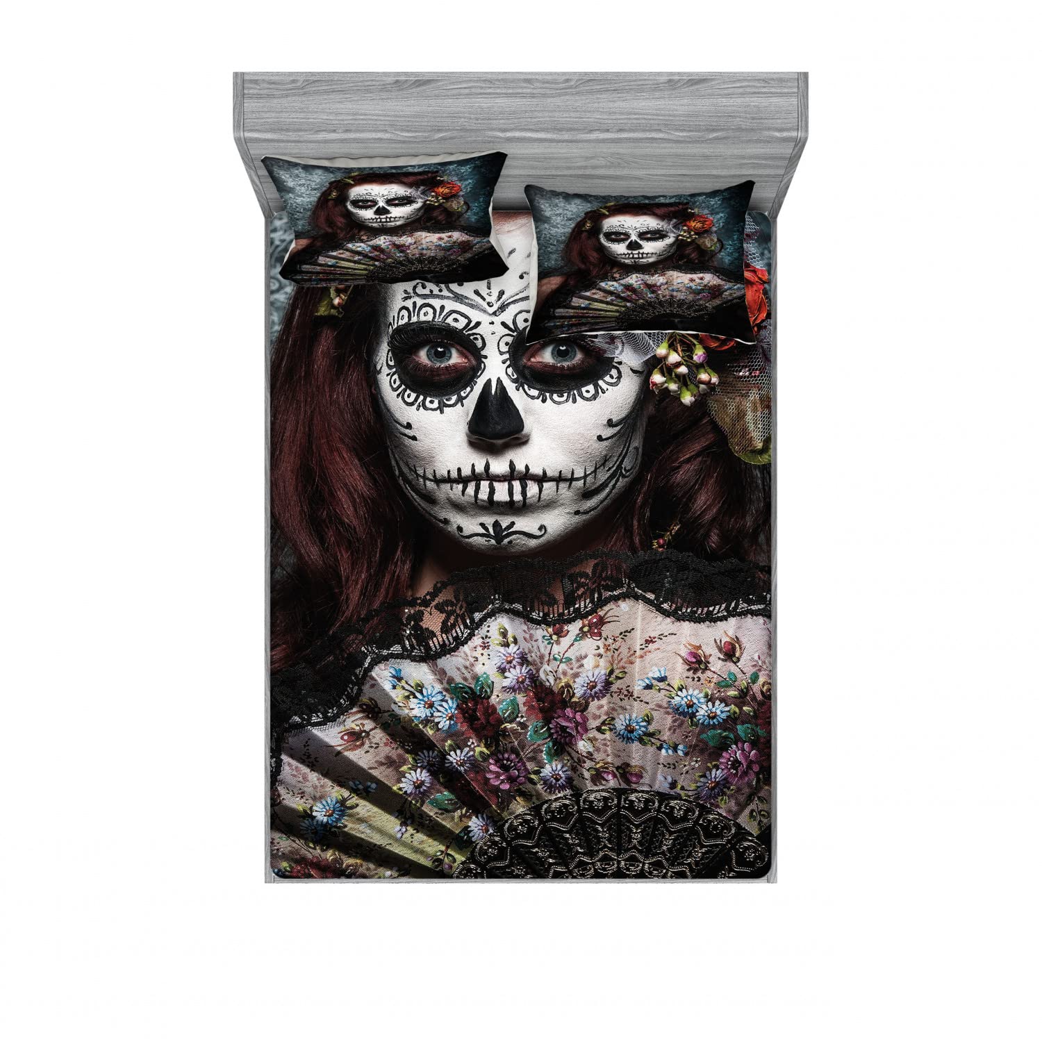 Ambesonne 2-Pack Queen Size Fitted Sheet & Pillow Sham Set - Skull Print Gothic Horror Bedding (4-Piece Set, Cadet Blue & Maroon) for Halloween Decor, Themed Bedrooms & Gothic Home Decor