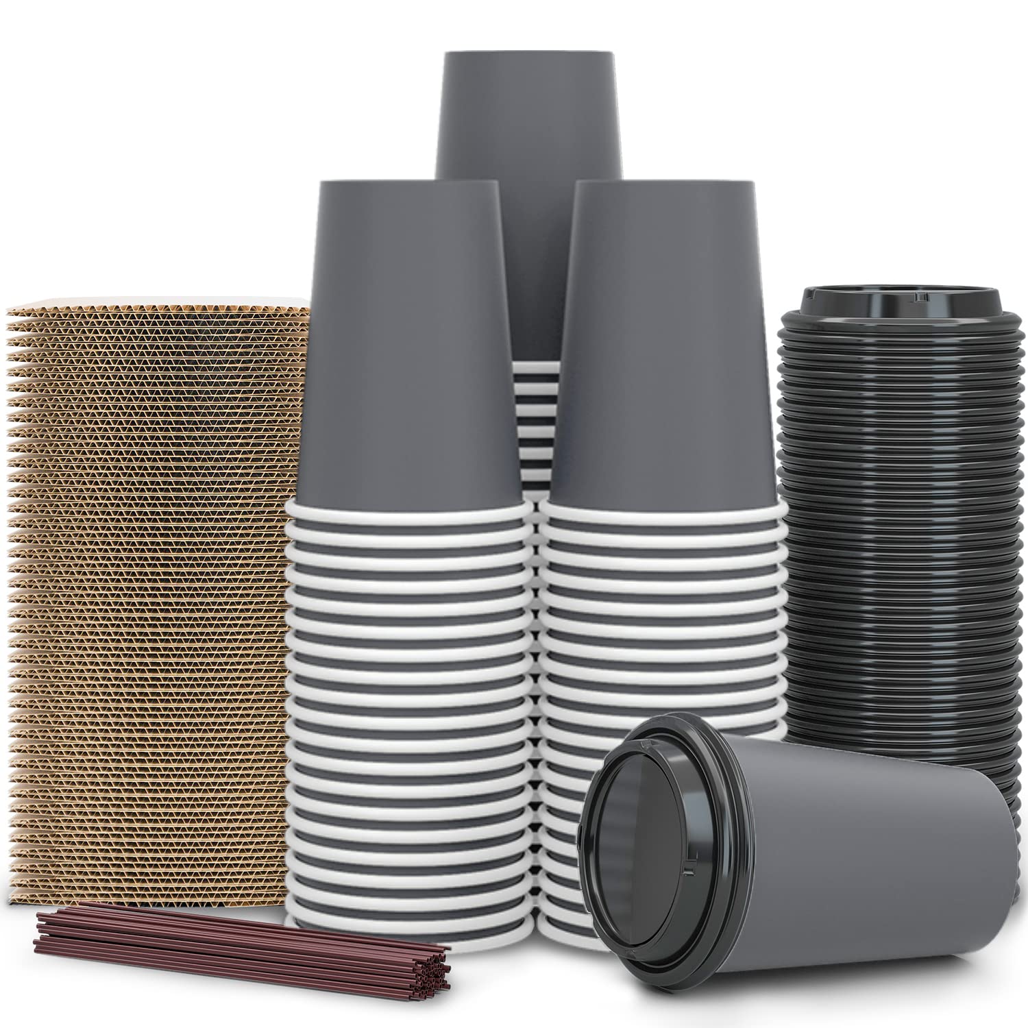 100 Pack - 12 oz Eco-Friendly Disposable Coffee Cups with Lids, Sleeves & Straws | 100% Biodegradable & Compostable PLA Paper Cups for Tea, Coffee, Hot Chocolate | Perfect for Cafes, Offices, Parties & Takeout