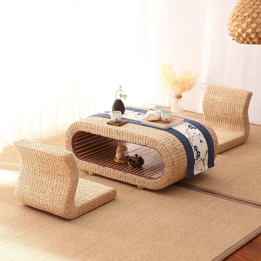 Saifei Solid Wood Rattan Round Coffee Table with Internal Storage - 60x45x35cm, Multi-Functional Side Table, End Table, Sofa Table, Tatami Platform, Creative Computer Desk - Perfect for Living Room, Bedroom, Home Office & Small Space Decor