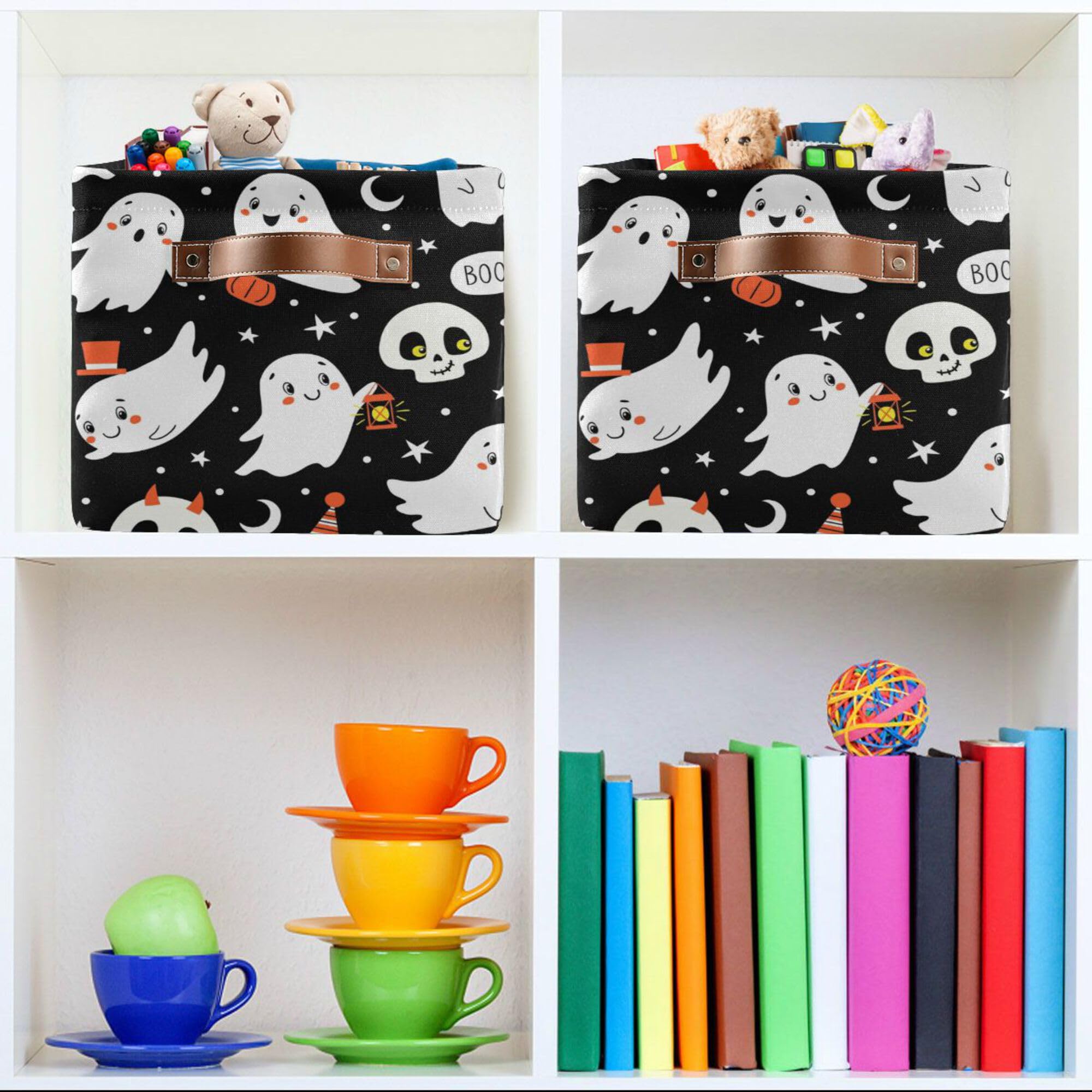 Halloween Ghost Storage Basket - Collapsible Waterproof Canvas Toy Bin with Leather Handles for Home, Office, Bedroom - Perfect for Holiday Decor, Closet Organization & Gift Giving (1PC)