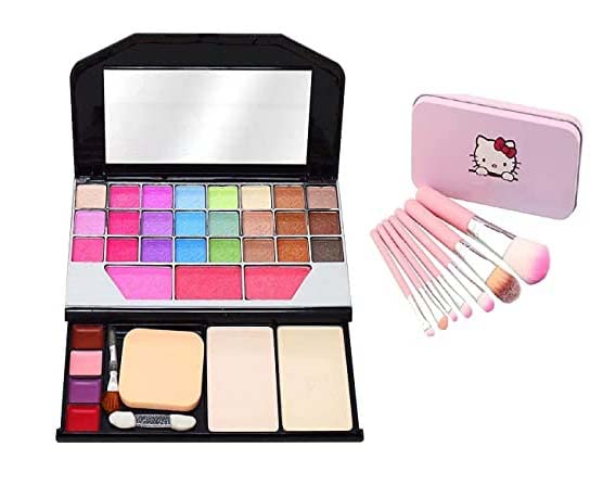 JEKANAZO'S Professional Makeup Kit Set | 7-Piece Pink Hello Kitty Makeup Brushes with Travel Case (8 Items Total) - Perfect for Beginners, Travel & Gift Giving