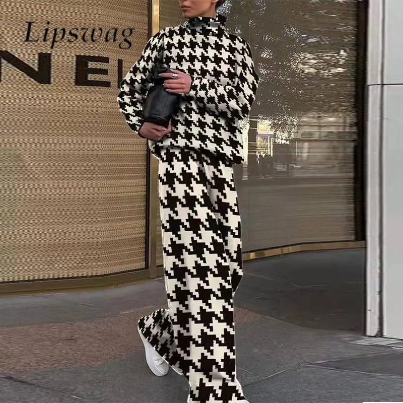 Women's High Neck Long Sleeve Top & Pants Set - Autumn Winter Printed 2 Piece Outfit for Ladies | Office Wear, Casual Chic, Street Style Fashion