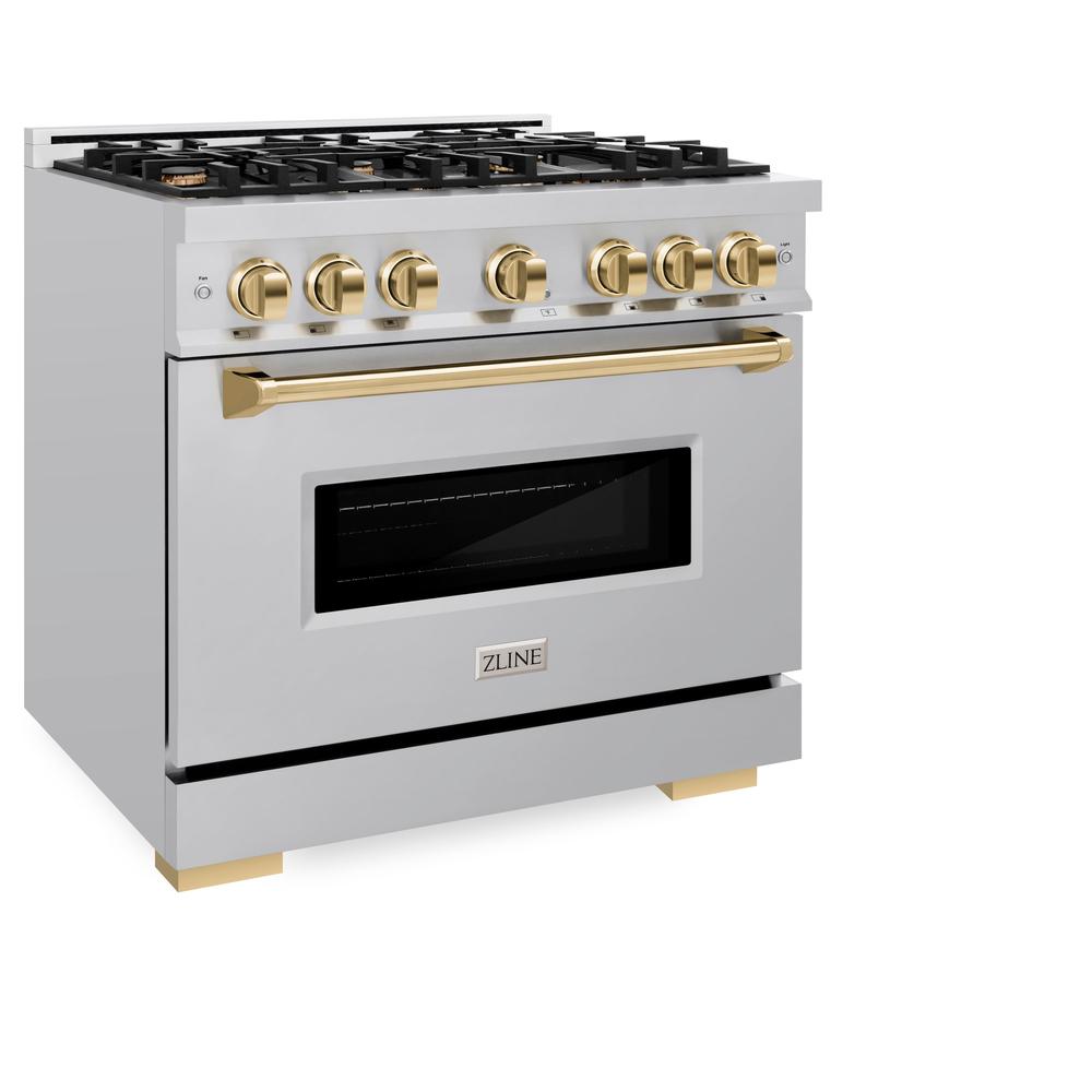 ZLINE Autograph Edition 36 Inch 5.2 Cu. Ft. Classic Gas Range with 6 Burner Cooktop & Convection Gas Oven - Stainless Steel with Polished Gold Accents (CGRZ 36 G) - Perfect for Professional Home Chefs & Modern Kitchens