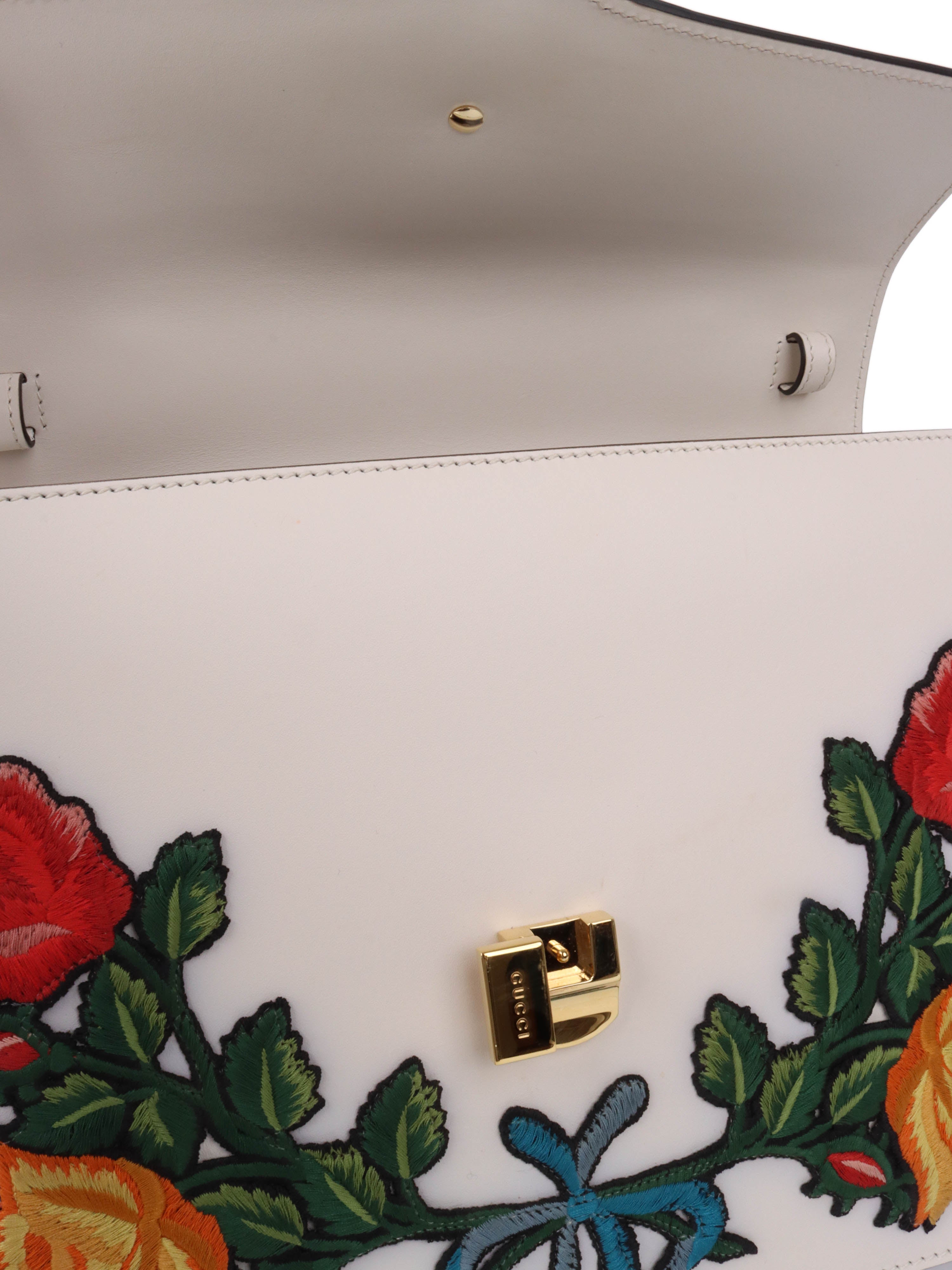 Gucci White Smooth Calfskin Leather Floral Embroidered Medium Sylvie Top Handle Bag for Women | Luxury Designer Handbag for Work, Party & Everyday Use