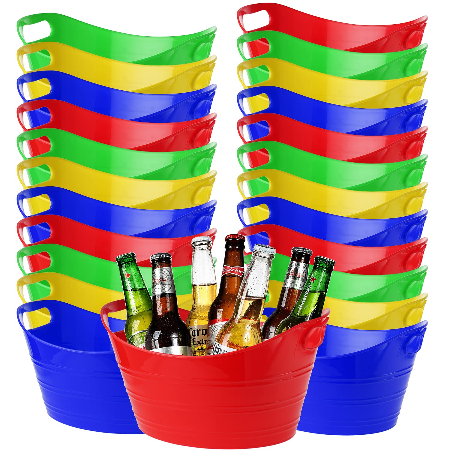 Zilpoo 24 Pack Plastic Oval Storage Tubs - Wine & Beer Bottle Coolers, Party Ice Buckets, Beverage Chillers for Outdoor Gatherings, BBQs, and Home Entertaining (Assorted Colors)
