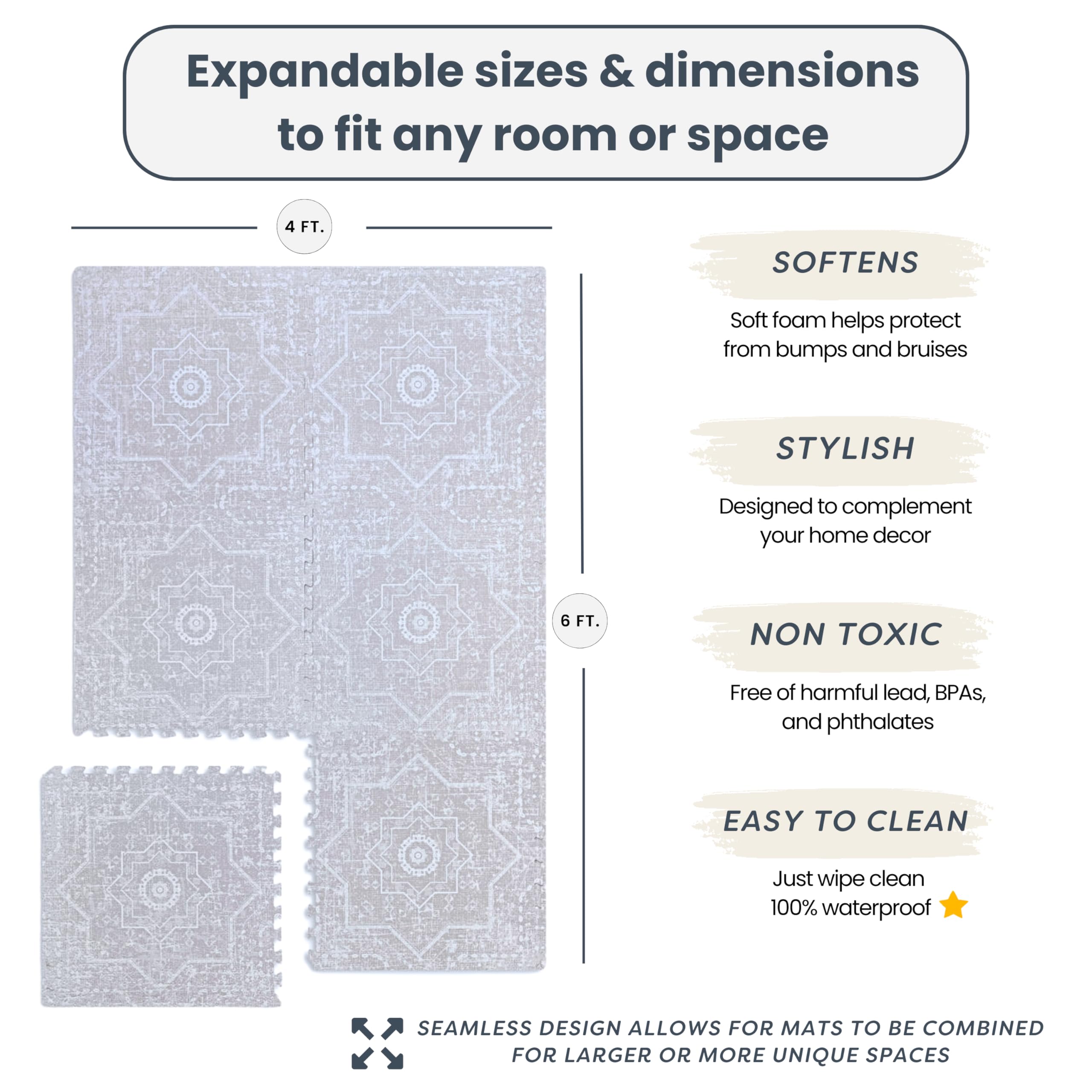 Premium EVA Foam Baby Play Mat (4x6ft) - Non-Toxic Crawling & Tummy Time Floor Mat for Infants & Toddlers - Soft Playroom Rug for Nursery, Daycare & Home - Layla Collection - Waterproof & Easy to Clean