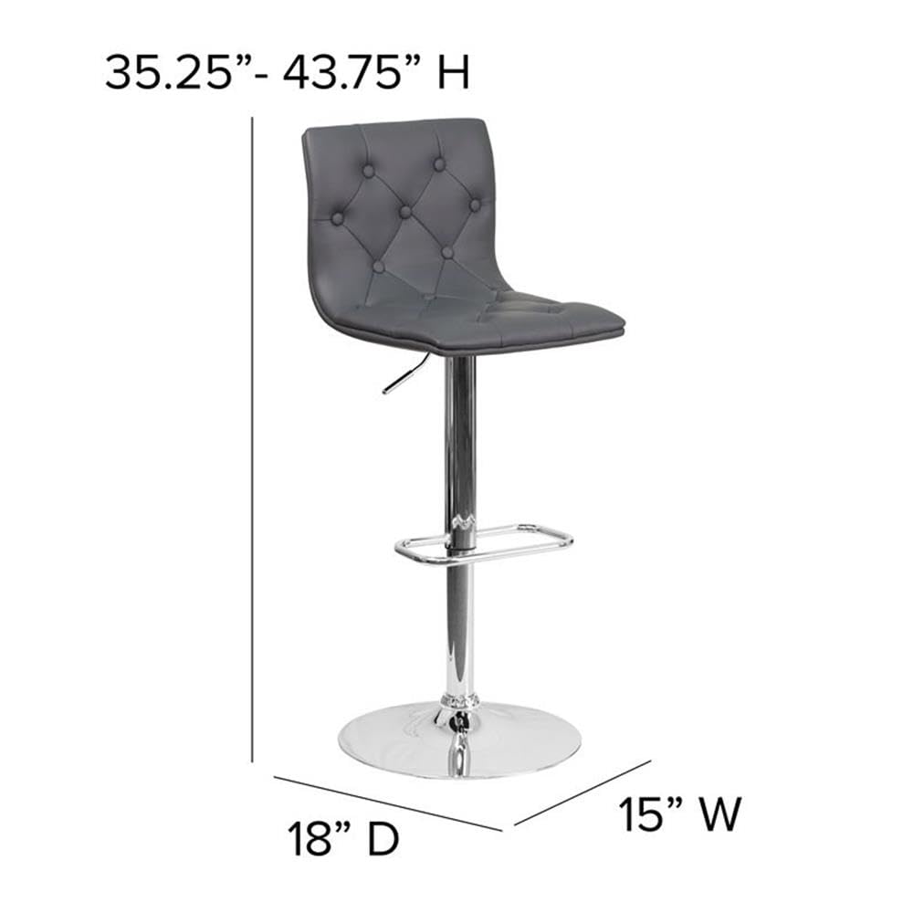 Premium Gray Faux Leather Tufted Adjustable Bar Stool Set of 2 - Modern Kitchen Island & Home Bar Seating for Dining & Entertaining