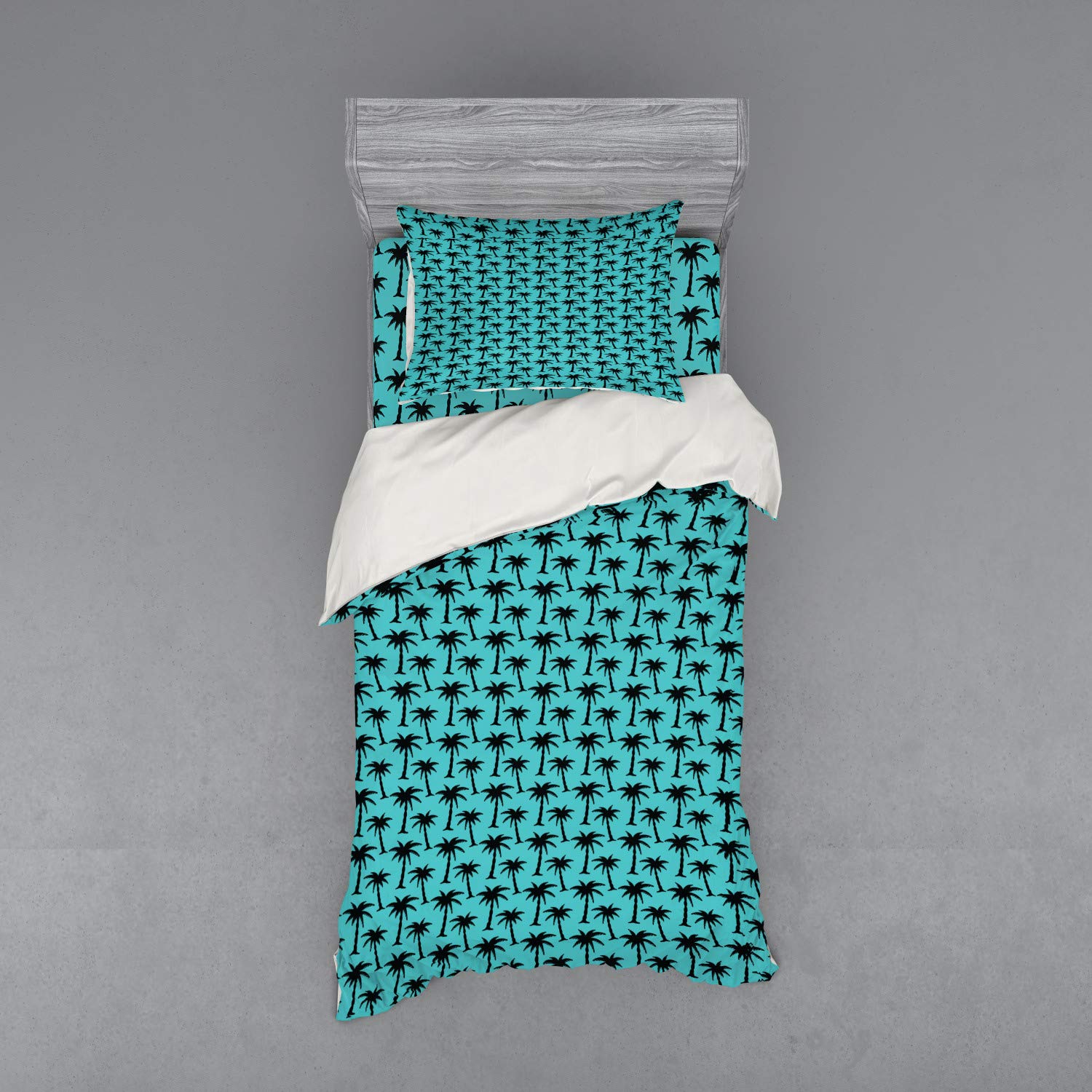 Ambesonne Palm Tree Bedding Set - 3 Piece Duvet Cover with Sham & Fitted Sheet, Twin Size, Tropical Coconut Tree Silhouette Design on Turquoise Background, Black & Turquoise Cartoon Style - Perfect for Beach Themed Bedrooms, Vacation Homes & Tropical Decor