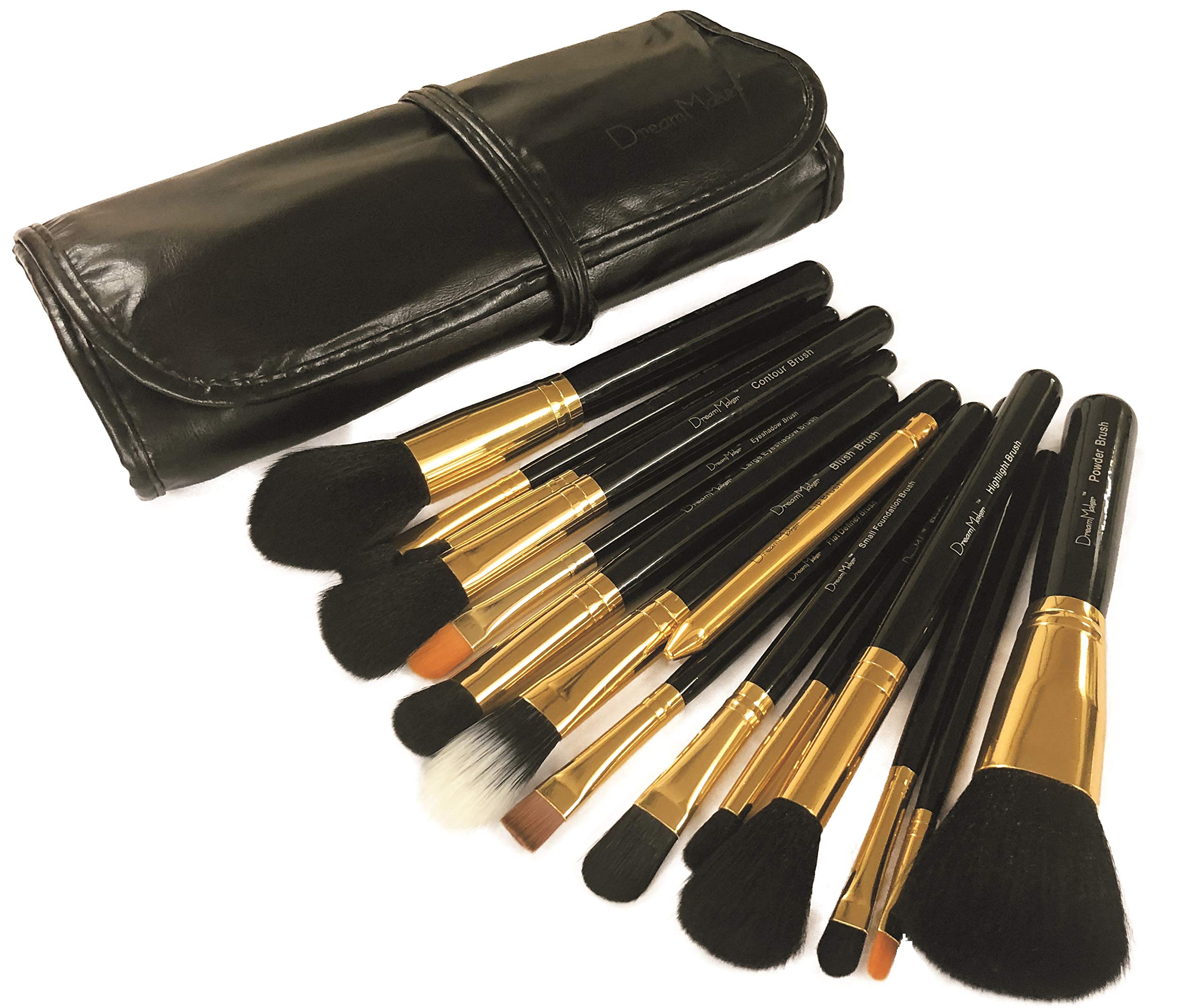 Dream Maker 15 Piece Makeup Brush Set with Travel Pouch - Premium Synthetic Bristles (Black & Gold) DM-146 - Perfect for Professional Makeup Artists & Beauty Enthusiasts