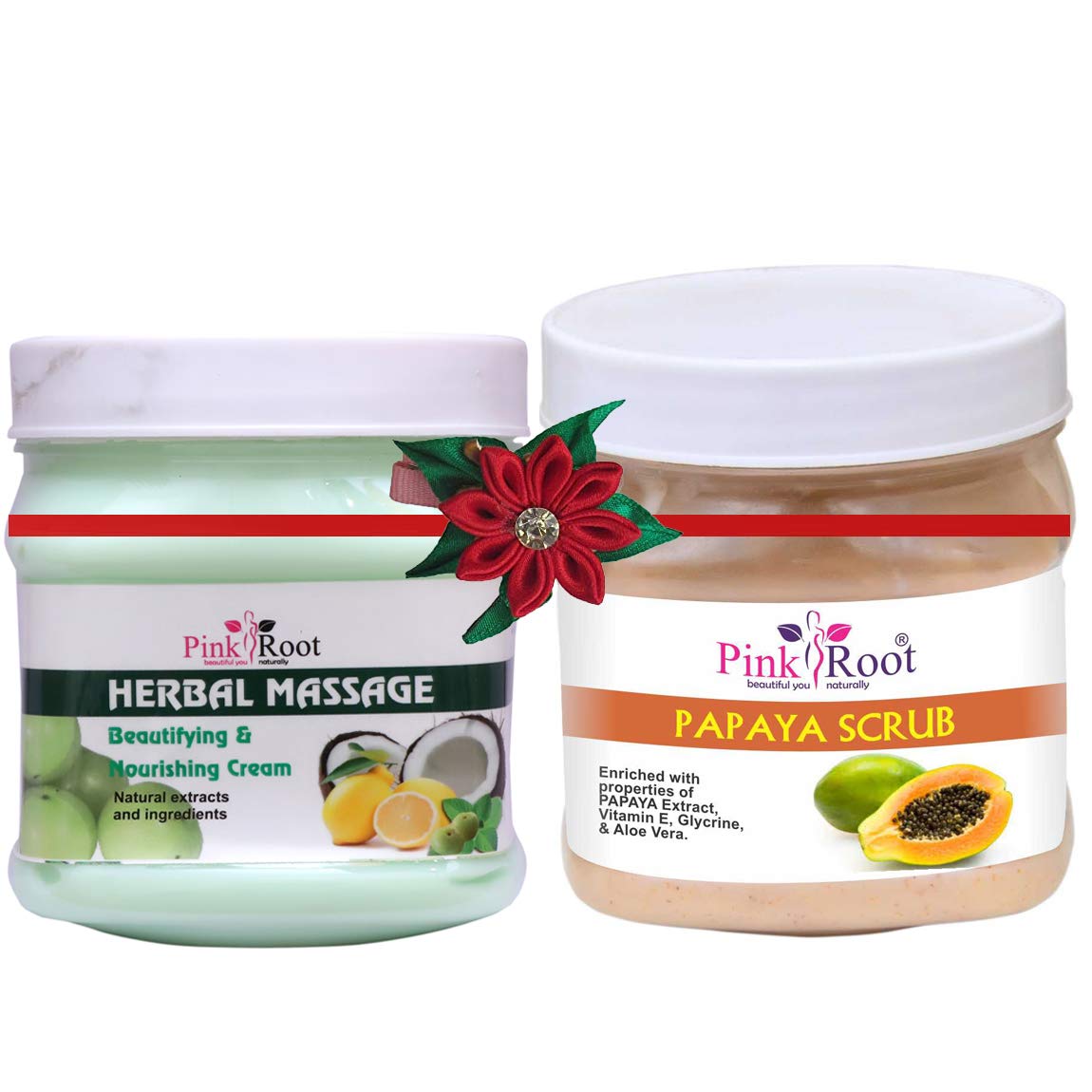 Organic Pink Root Herbal Massage Cream & Papaya Scrub Set - 500ml Each - Natural Pain Relief & Exfoliating Body Care - Perfect for Spa, Relaxation & Skin Renewal at Home