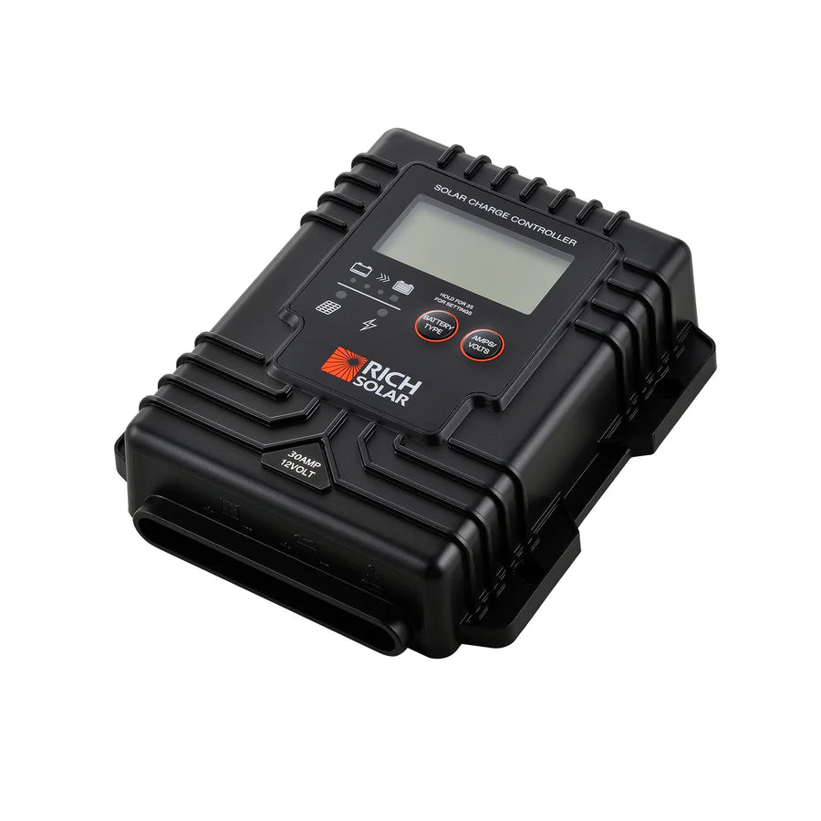 Rich Solar 30 Amp PWM Waterproof Solar Charge Controller - 12V/24V Auto, LCD Display for RV, Boat, Off-Grid Solar System - Perfect for Camping, Marine & Home Solar Power