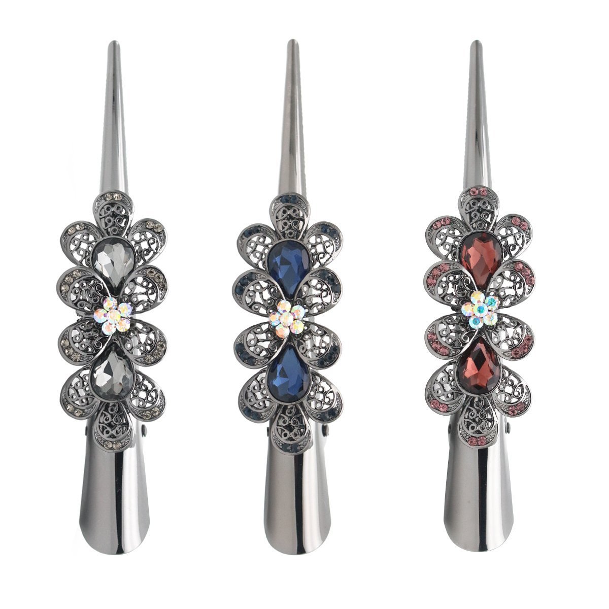 HOLLIHI 3-Pack Large Metal Alligator Hair Clips for Women - Strong Non-Slip Hair Grips for Thick Hair, Silver Gray (Clover) | Perfect for Updos, Ponytails & Everyday Hairstyles