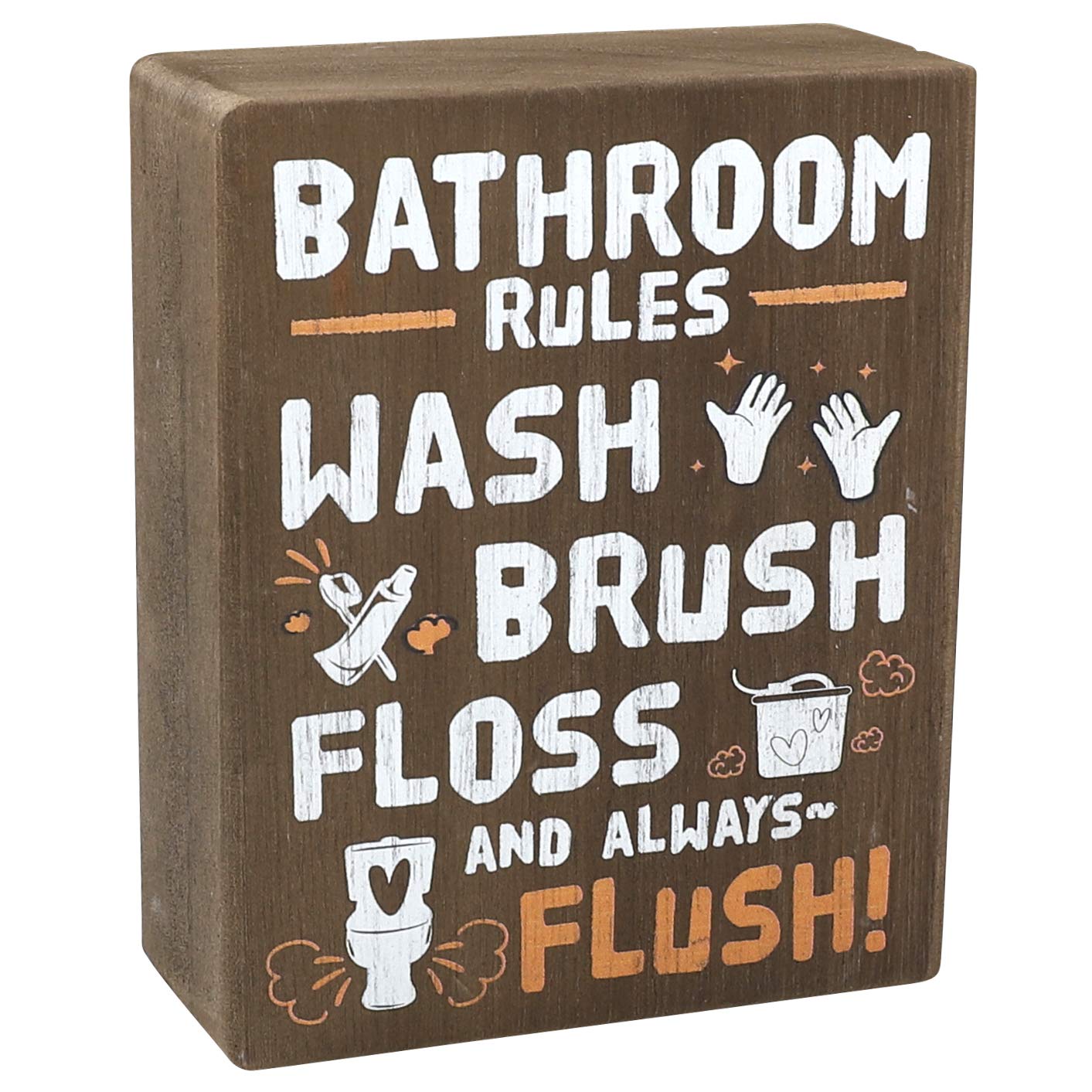 Rustic Wood Box Sign 4x5 Inch | Funny Bathroom Rules Plaque - Wash Brush Floss Flush | Small Wooden Bathroom Decor for Shelves | Mini Bathroom Wall Art | Perfect for Farmhouse, Apartment & Powder Room Decor