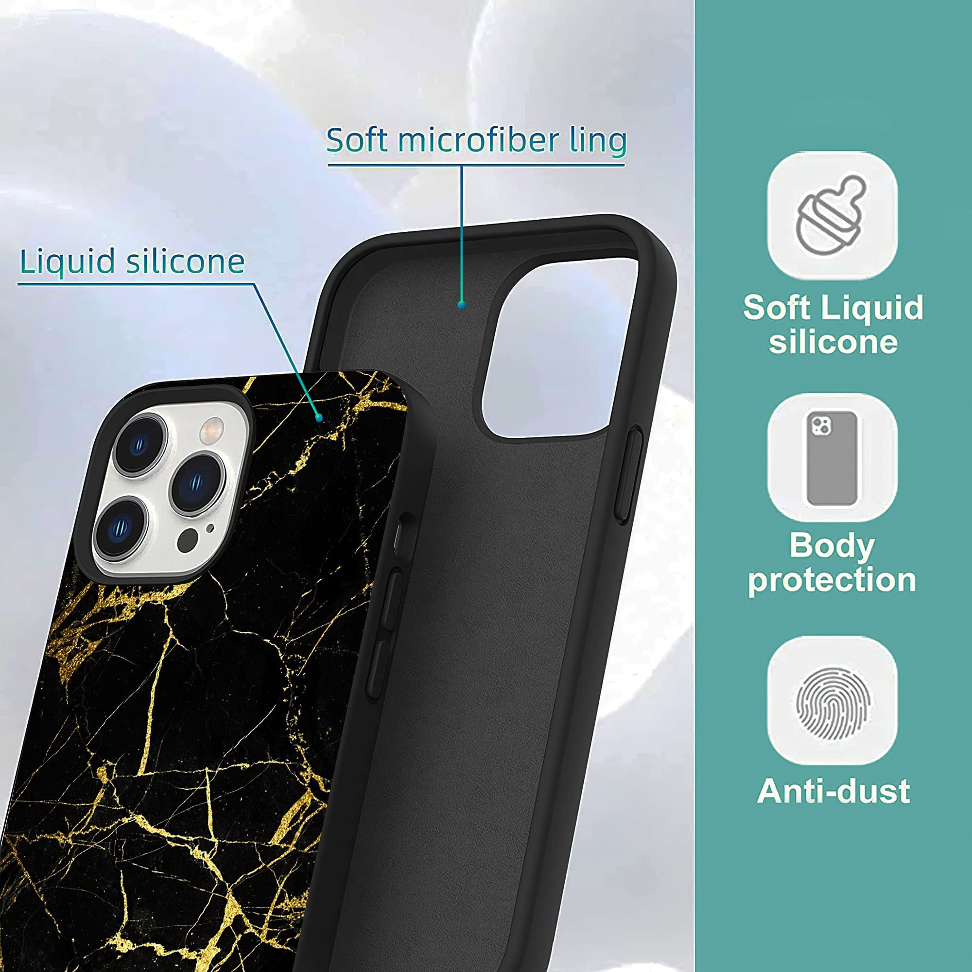 Shockproof Liquid Silicone Case for iPhone 13 Pro Max 6.7 inch - Soft Gel Rubber Protective Cover with Black Gold Marble Design | Durable Full-Body Protection for Everyday Use, Travel & Outdoor Activities